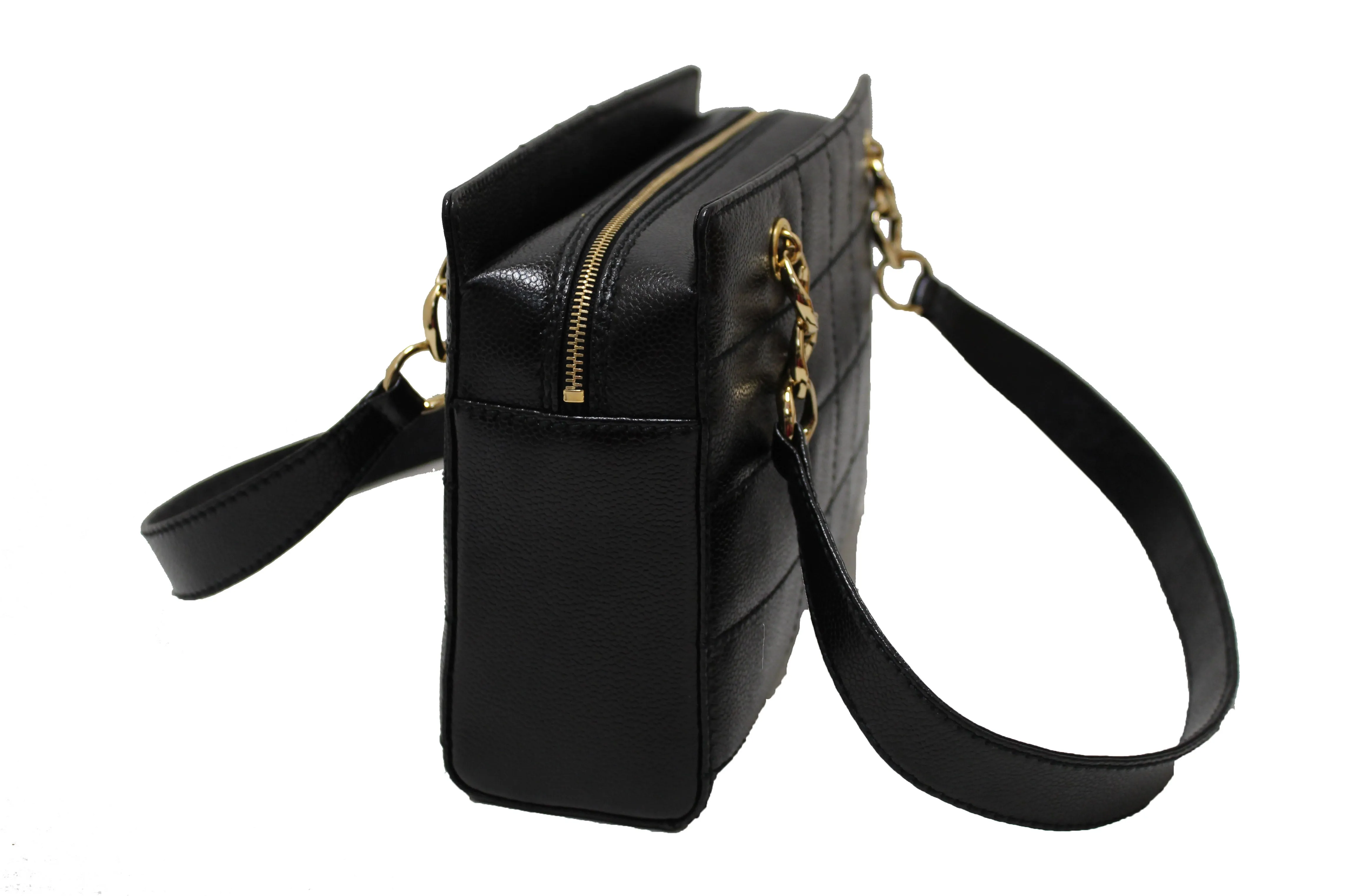 Authentic Chanel Black Square Stitch Caviar Leather Shoulder Tote Bag