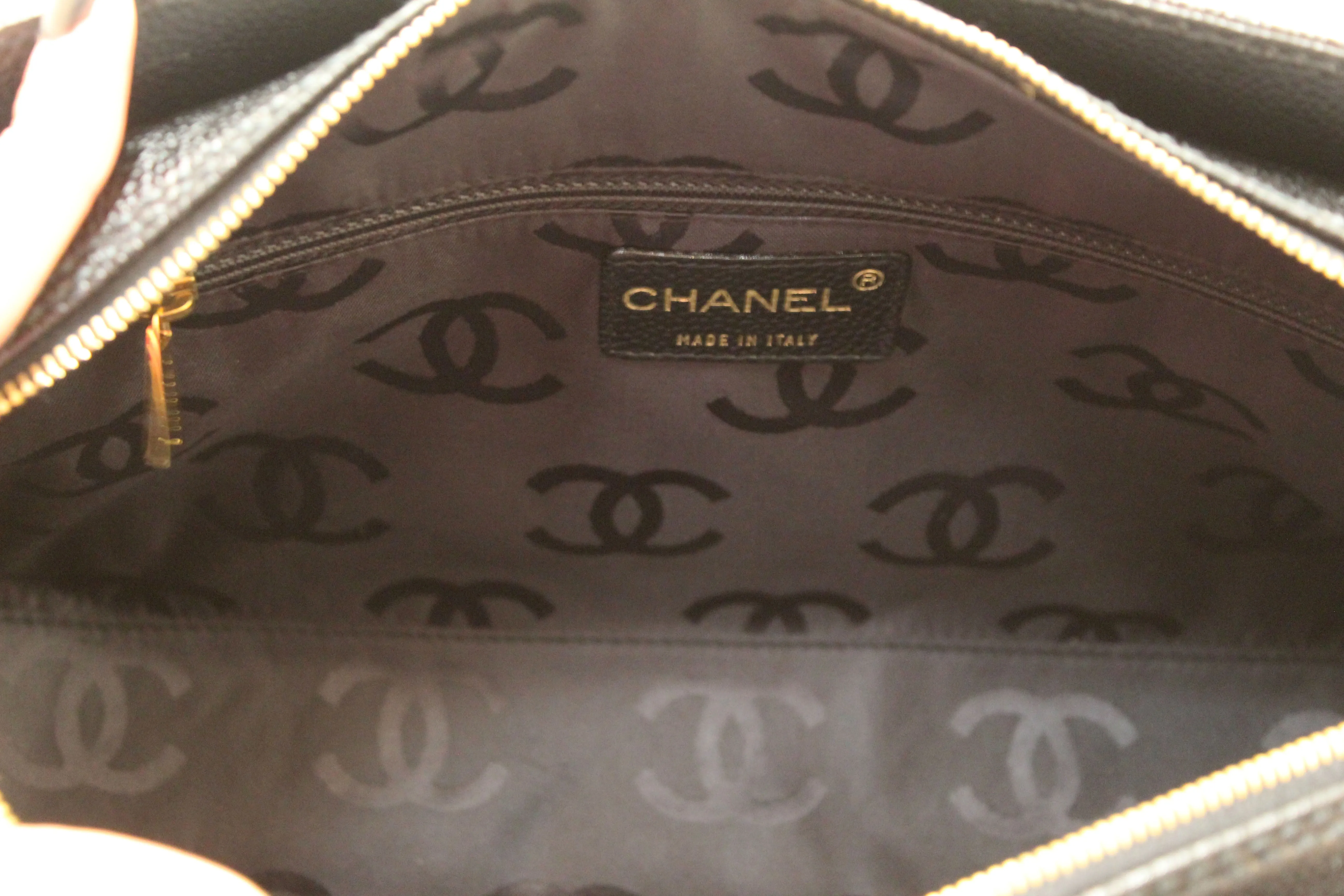 Authentic Chanel Black Square Stitch Caviar Leather Shoulder Tote Bag