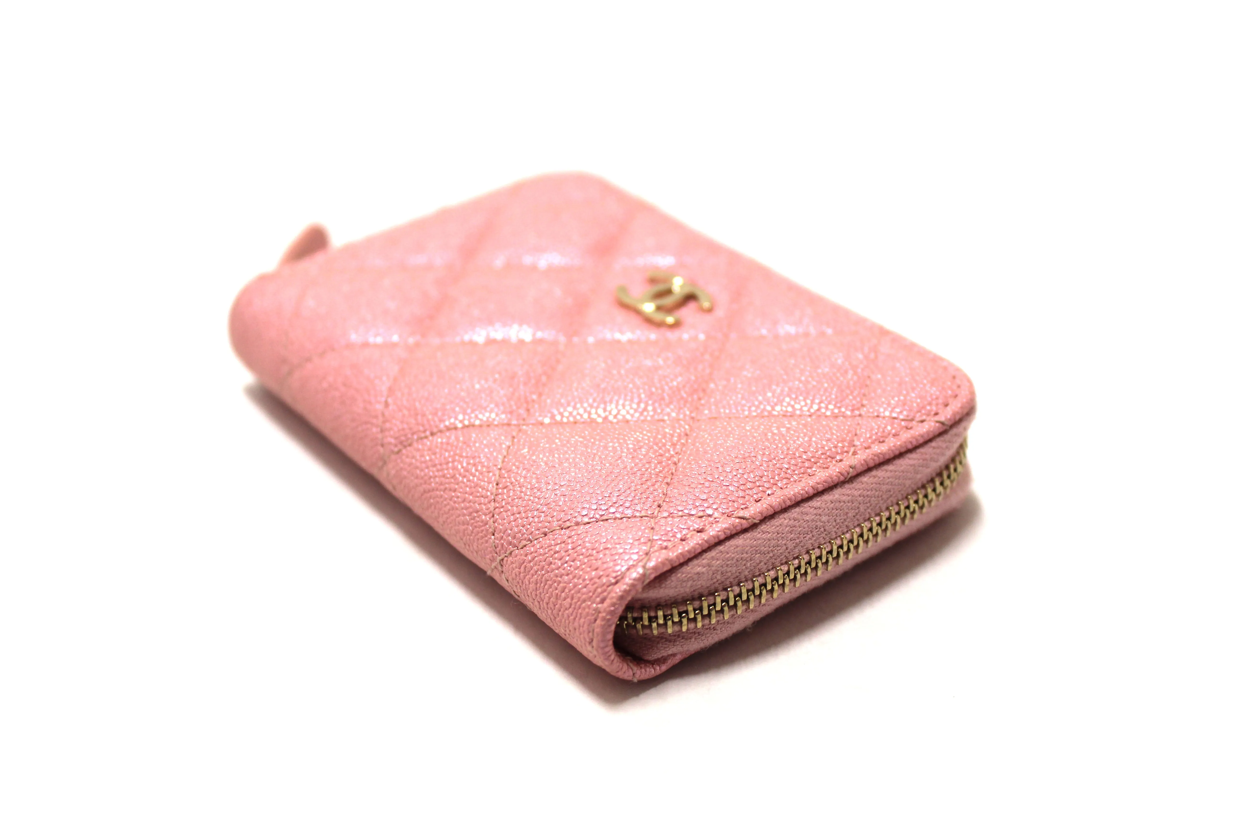Authentic Chanel Iridescent Rose Pink Quilted Caviar Leather Classic Zipped Coin Purse