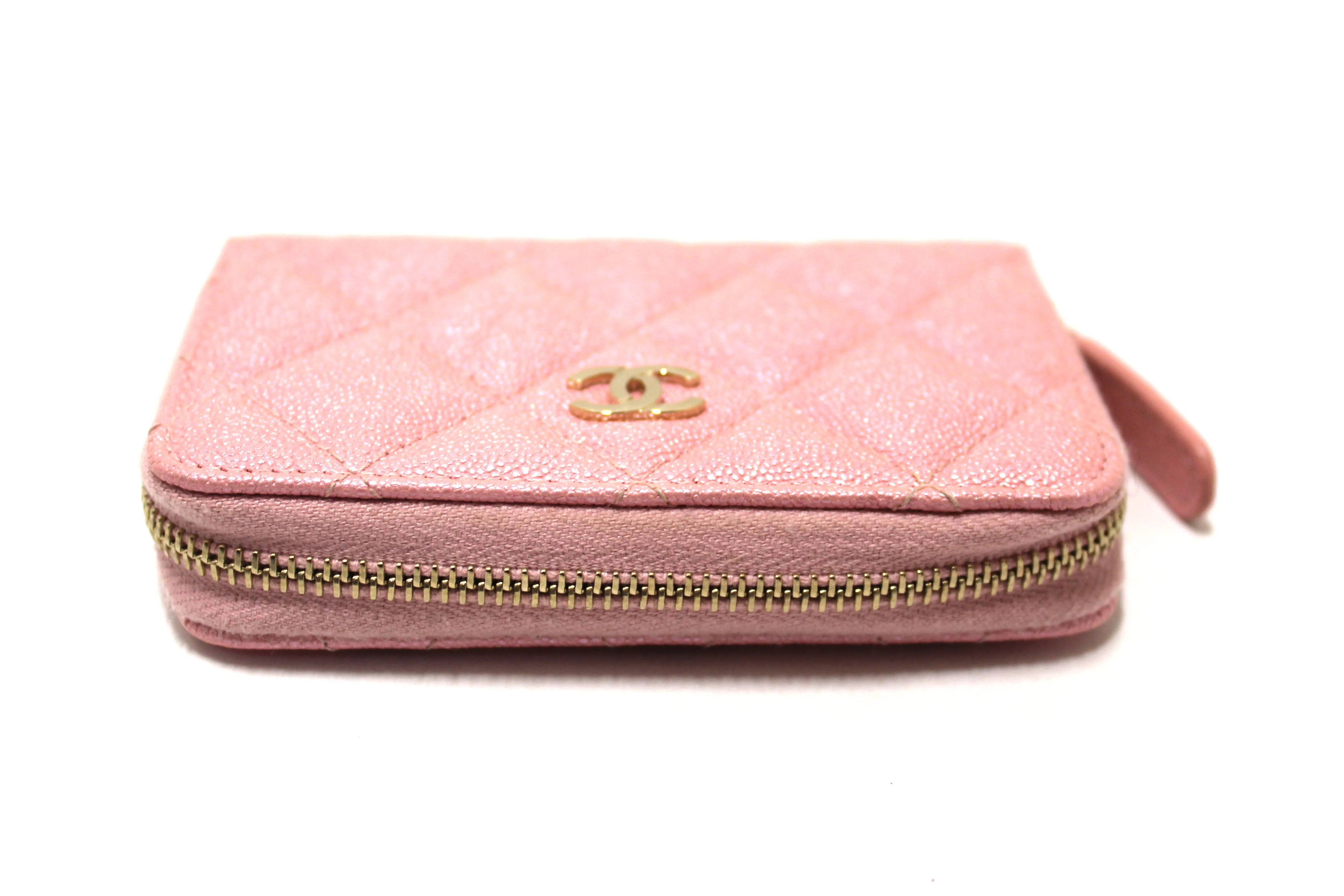 Authentic Chanel Iridescent Rose Pink Quilted Caviar Leather Classic Zipped Coin Purse
