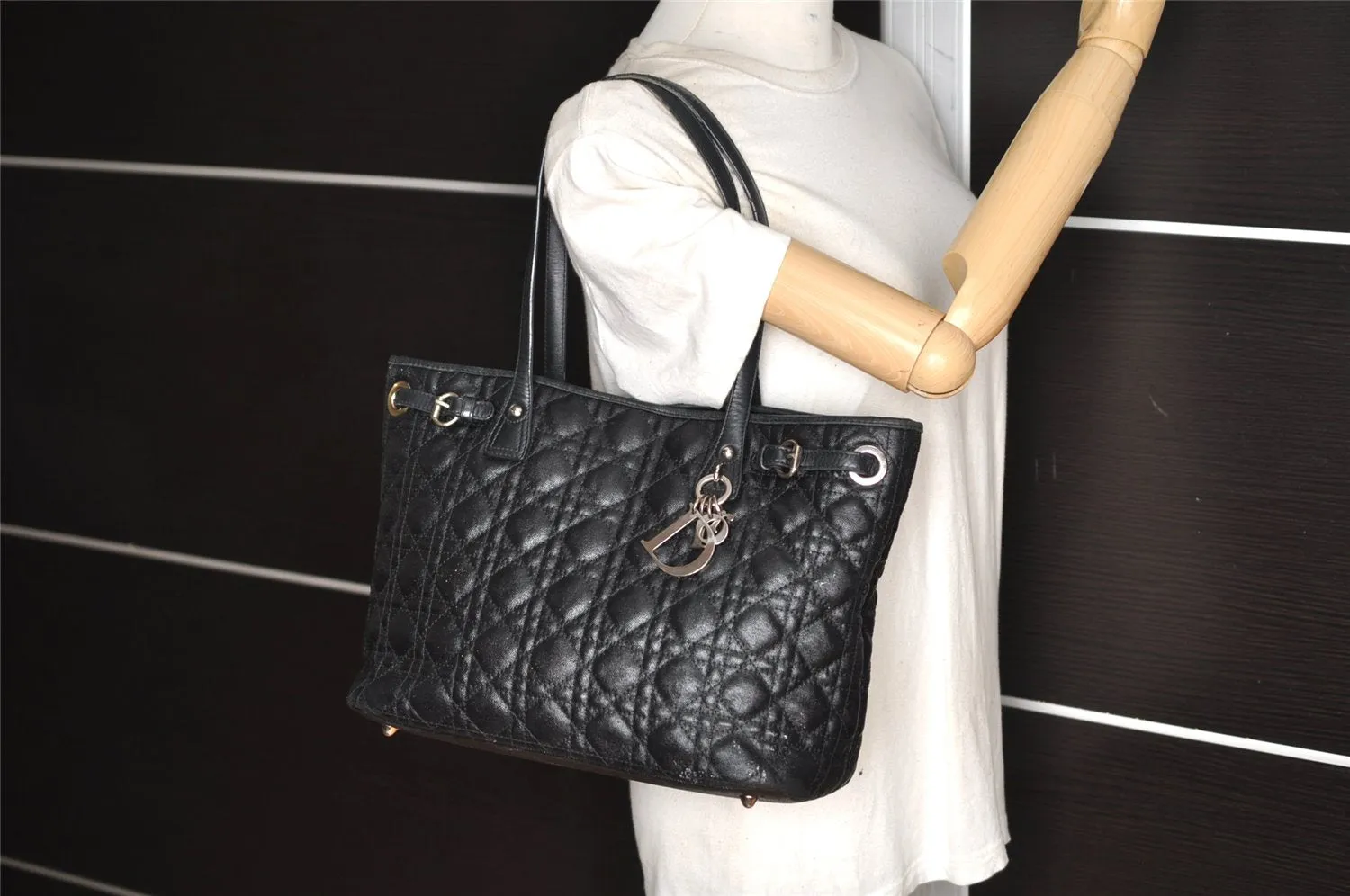 Authentic Christian Dior Panarea Cannage Tote Bag PVC Leather Black 1319K