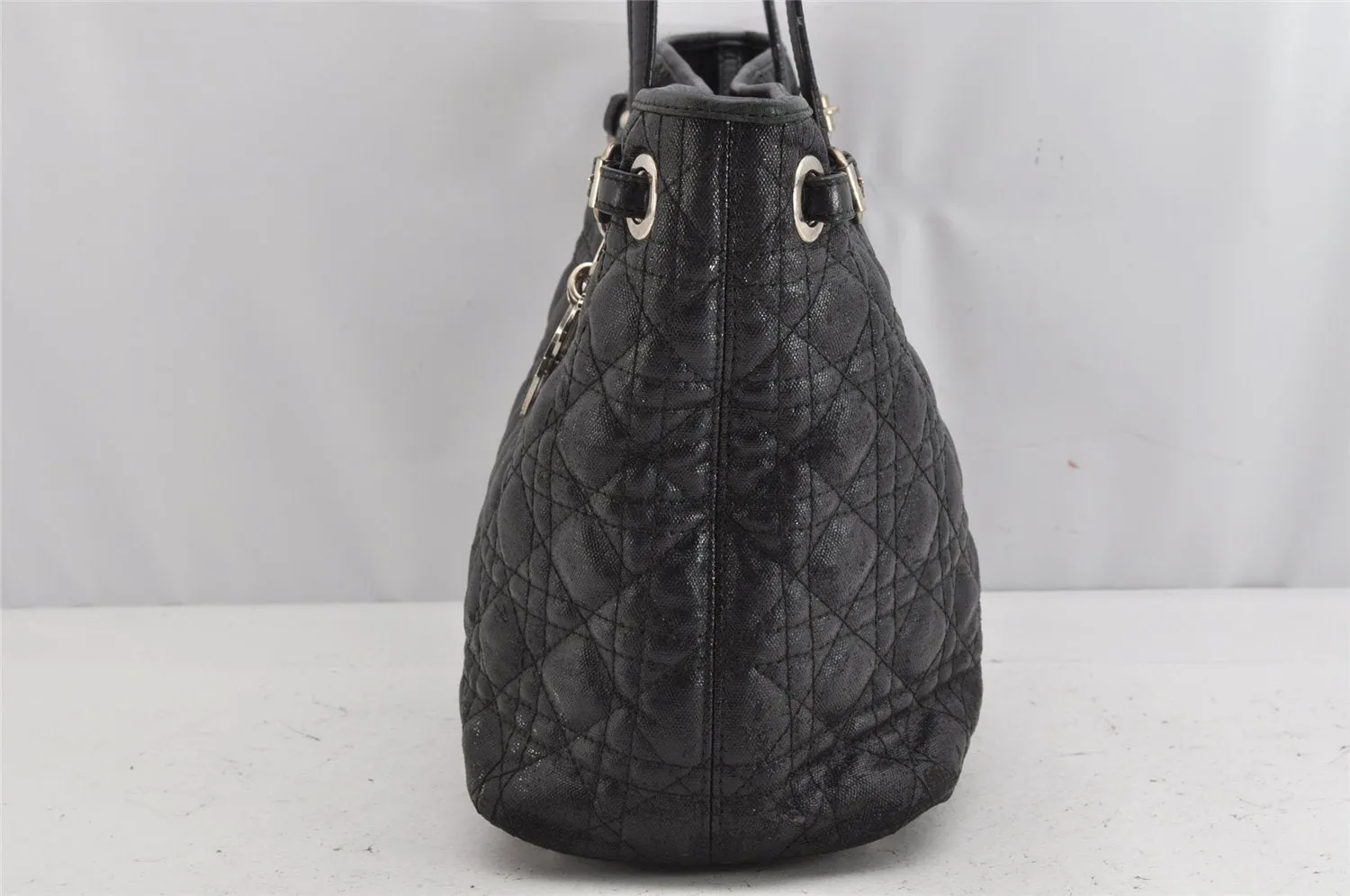Authentic Christian Dior Panarea Cannage Tote Bag PVC Leather Black 1319K