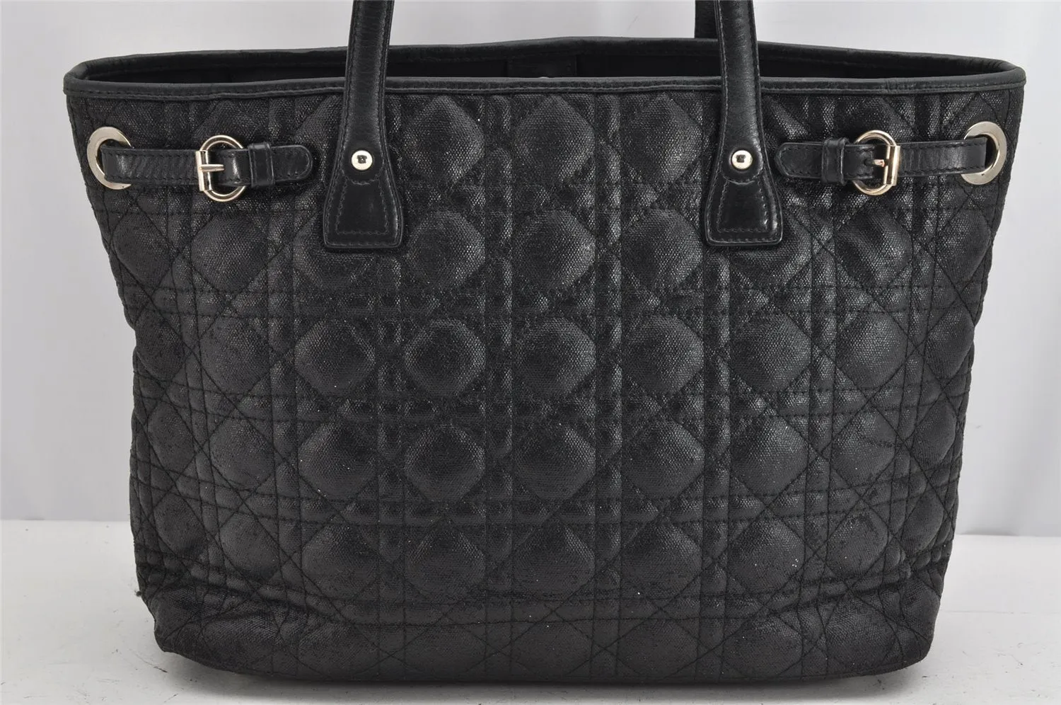 Authentic Christian Dior Panarea Cannage Tote Bag PVC Leather Black 1319K