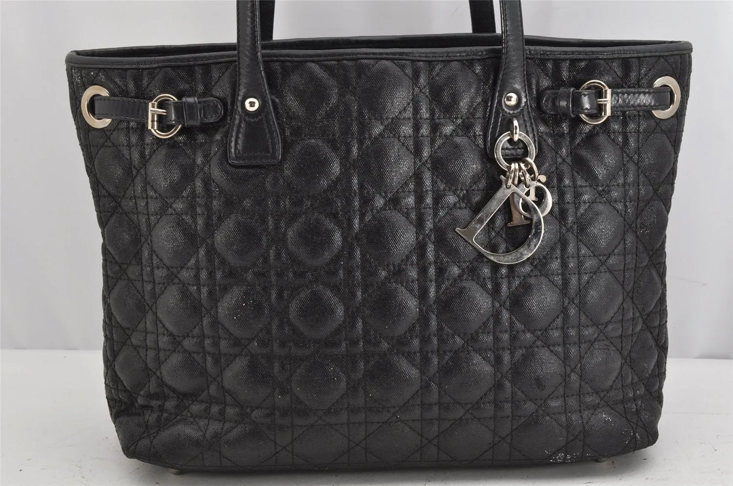 Authentic Christian Dior Panarea Cannage Tote Bag PVC Leather Black 1319K