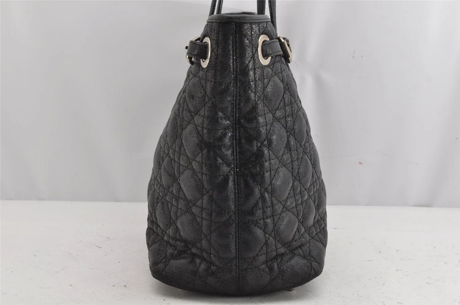 Authentic Christian Dior Panarea Cannage Tote Bag PVC Leather Black 1319K
