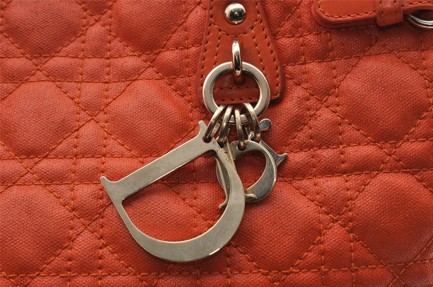 Authentic Christian Dior Panarea Cannage Tote Bag PVC Leather Orange CD 3967I