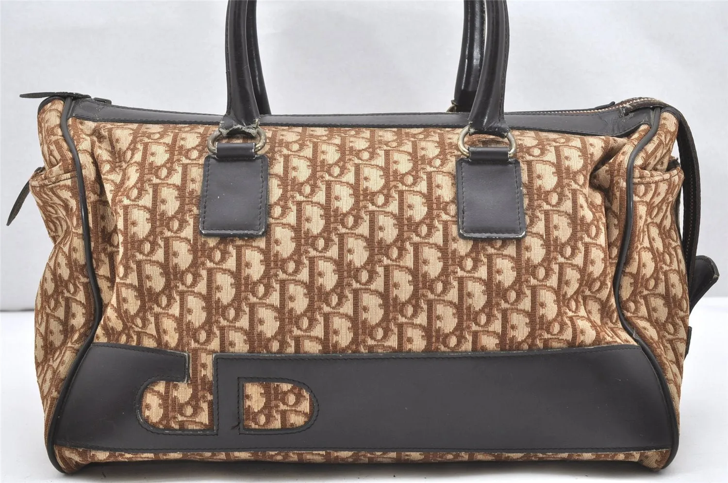Authentic Christian Dior Trotter Boston Hand Bag Canvas Leather Brown CD 6253K