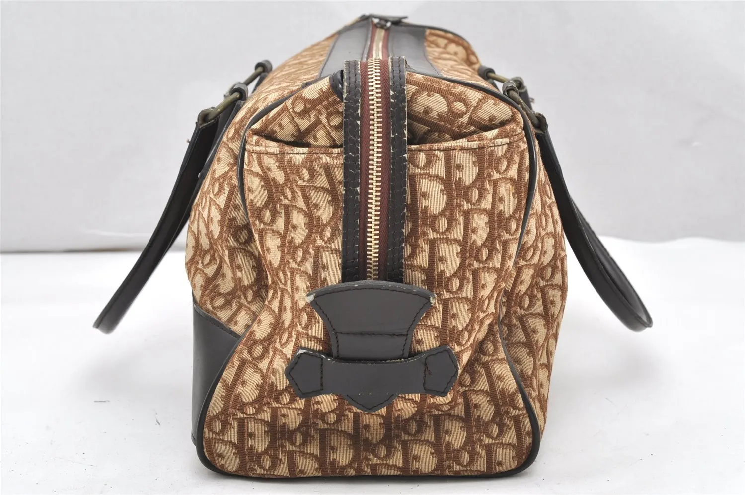 Authentic Christian Dior Trotter Boston Hand Bag Canvas Leather Brown CD 6253K