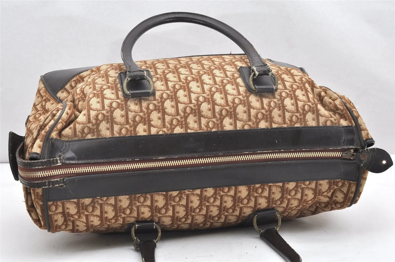 Authentic Christian Dior Trotter Boston Hand Bag Canvas Leather Brown CD 6253K