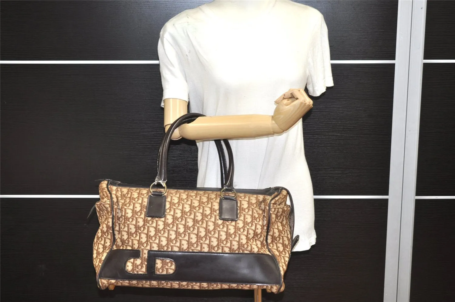 Authentic Christian Dior Trotter Boston Hand Bag Canvas Leather Brown CD 6253K