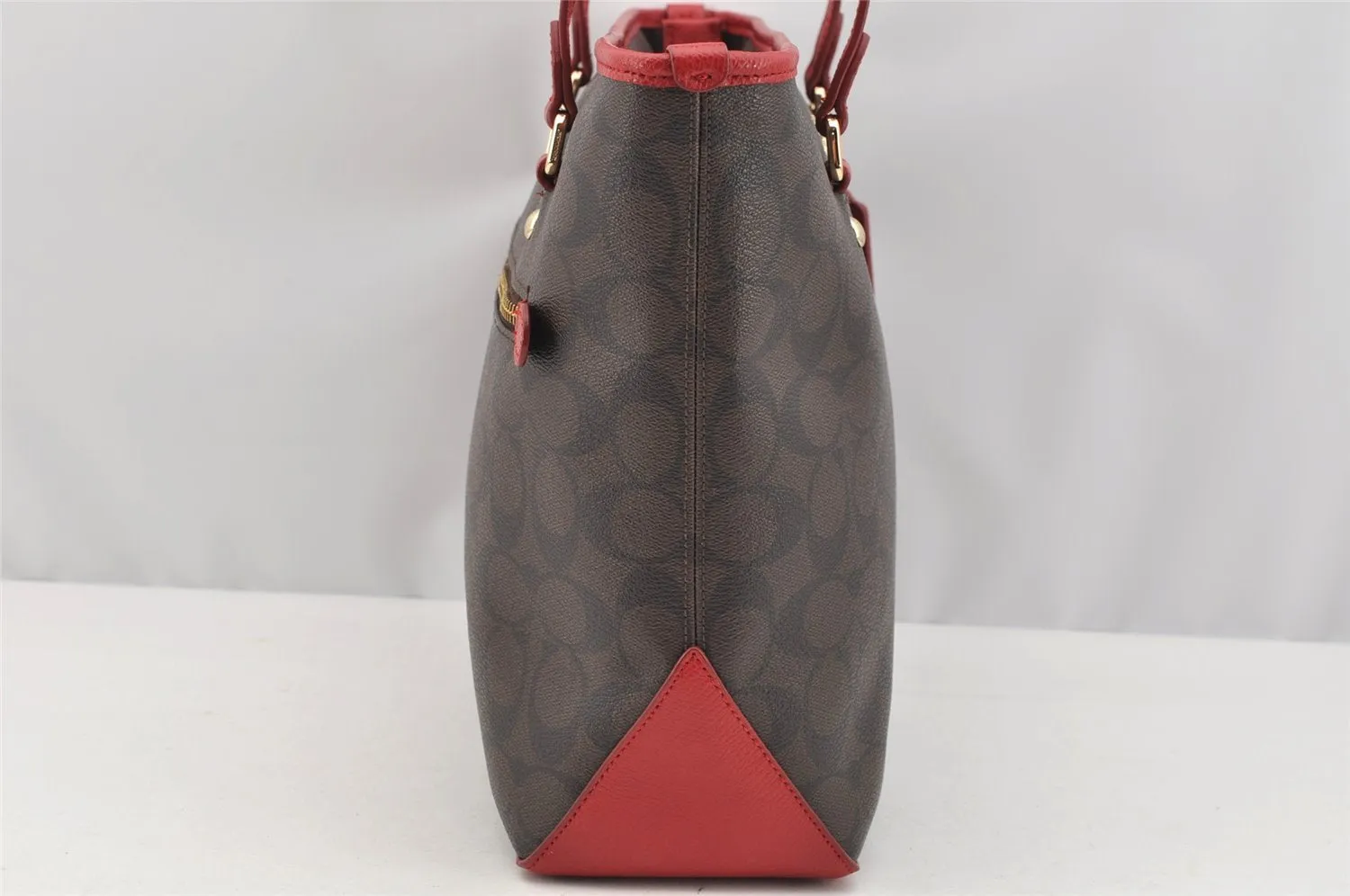 Authentic COACH Signature Vintage Shoulder Tote Bag PVC Leather Brown Red 2297I