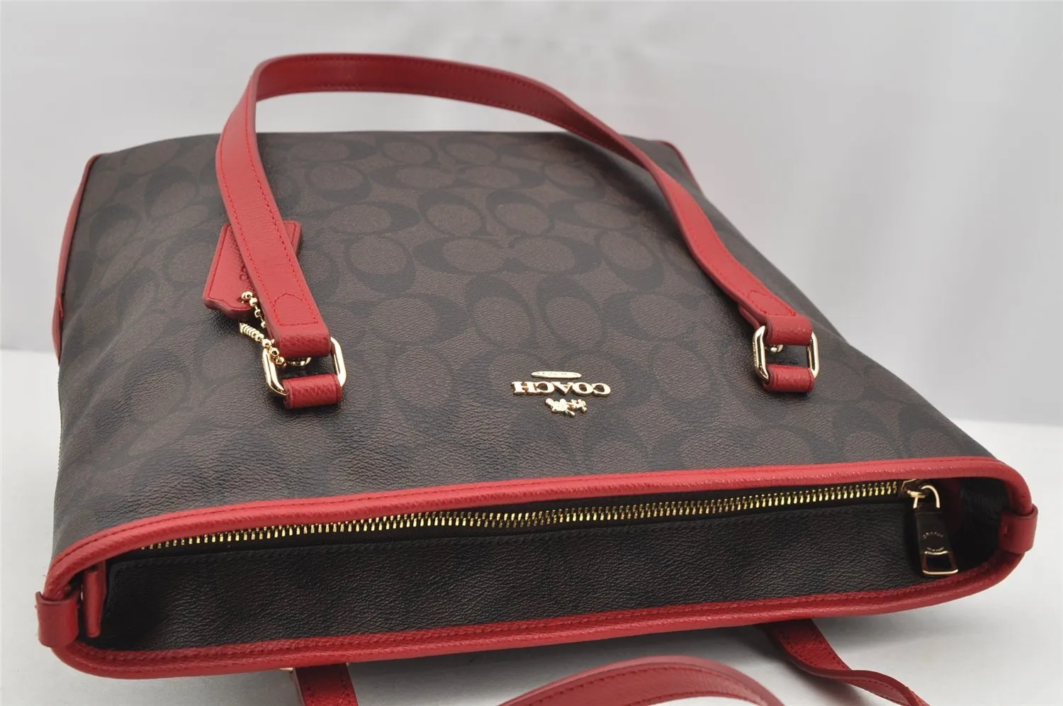 Authentic COACH Signature Vintage Shoulder Tote Bag PVC Leather Brown Red 2297I
