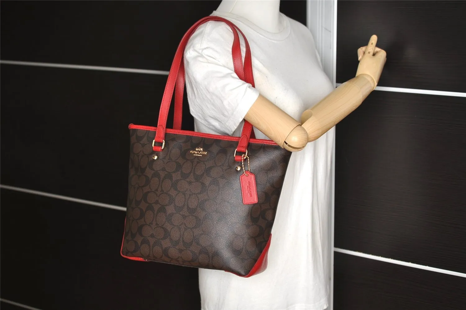 Authentic COACH Signature Vintage Shoulder Tote Bag PVC Leather Brown Red 2297I