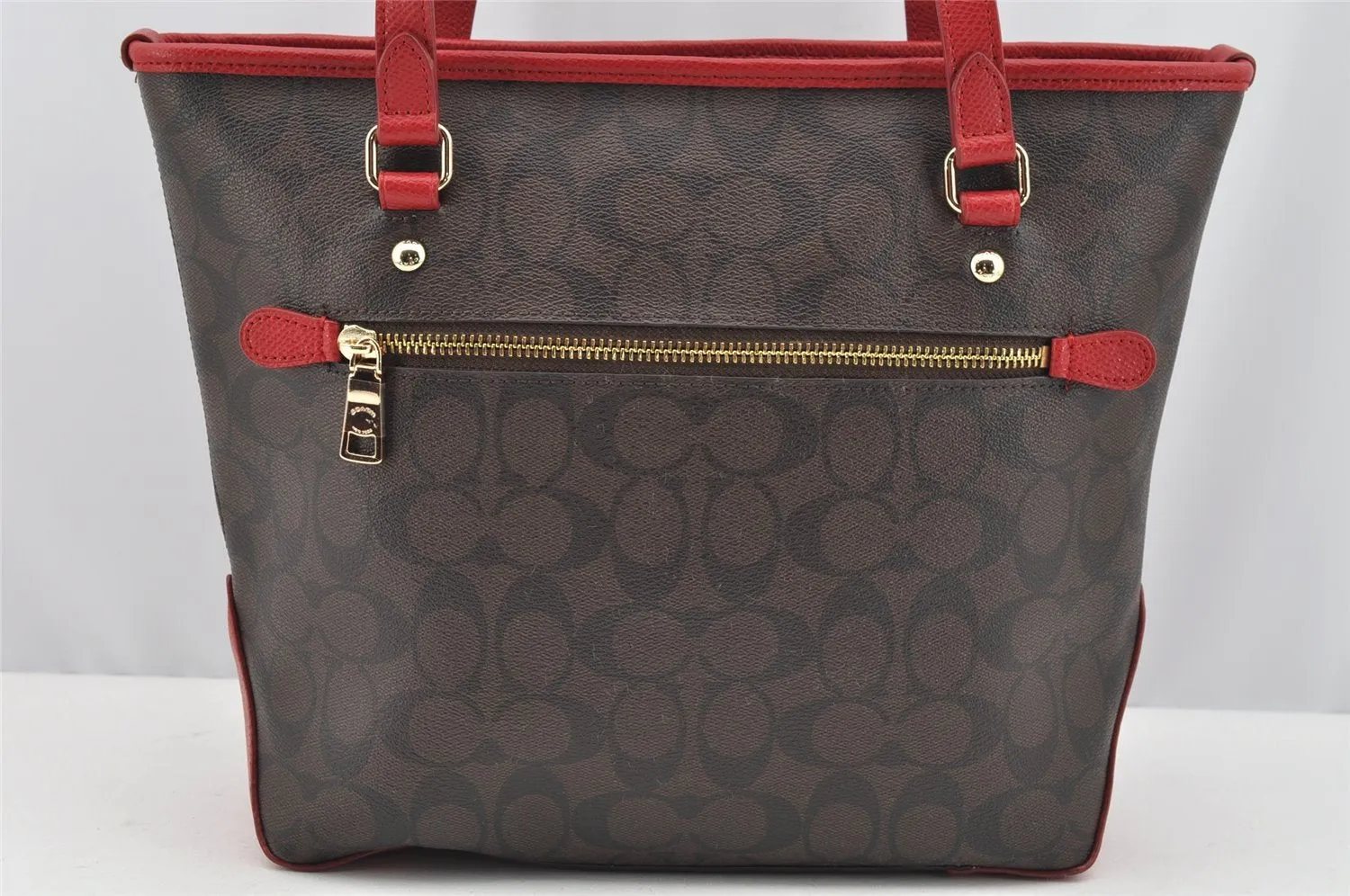 Authentic COACH Signature Vintage Shoulder Tote Bag PVC Leather Brown Red 2297I