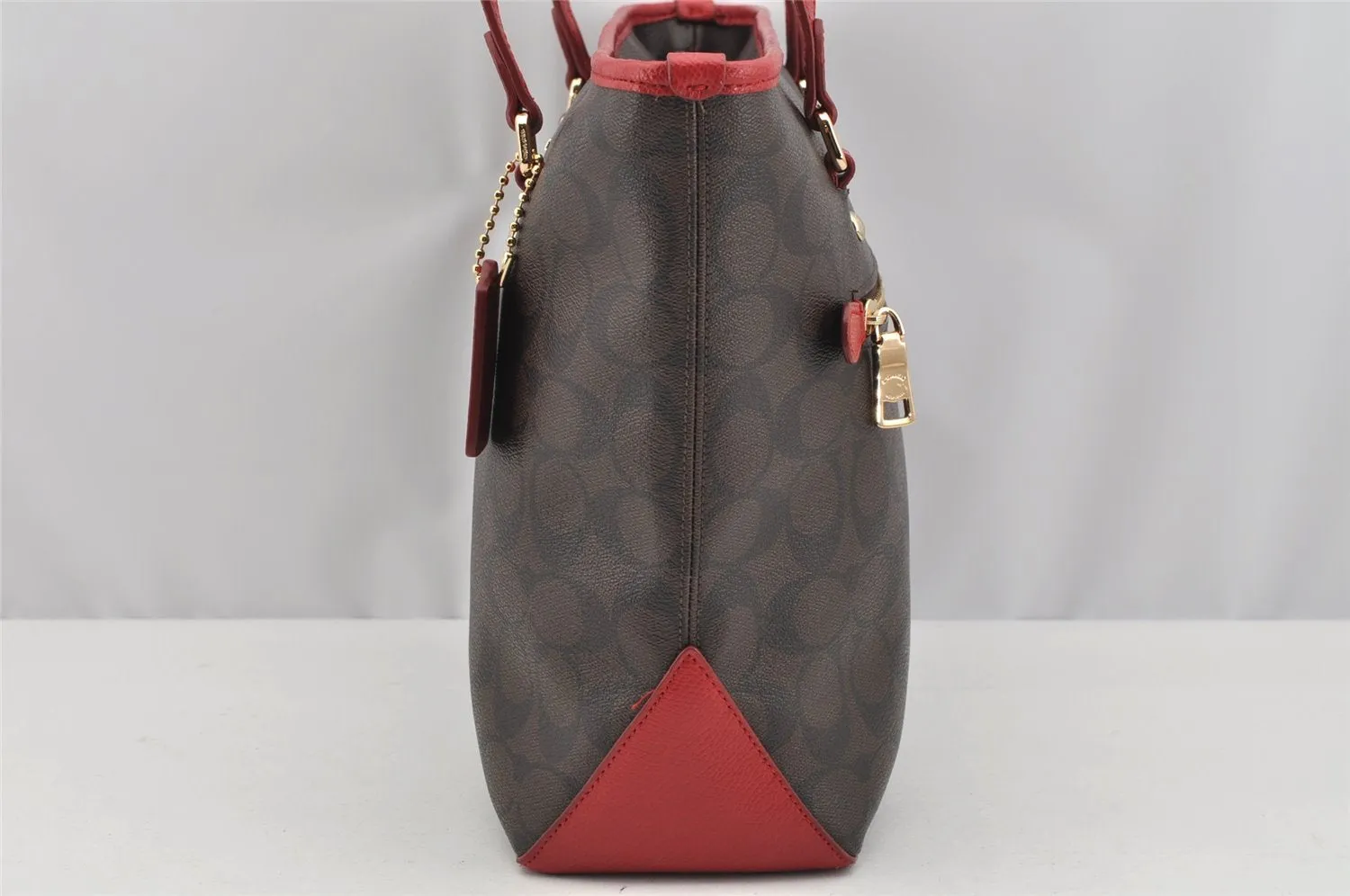 Authentic COACH Signature Vintage Shoulder Tote Bag PVC Leather Brown Red 2297I