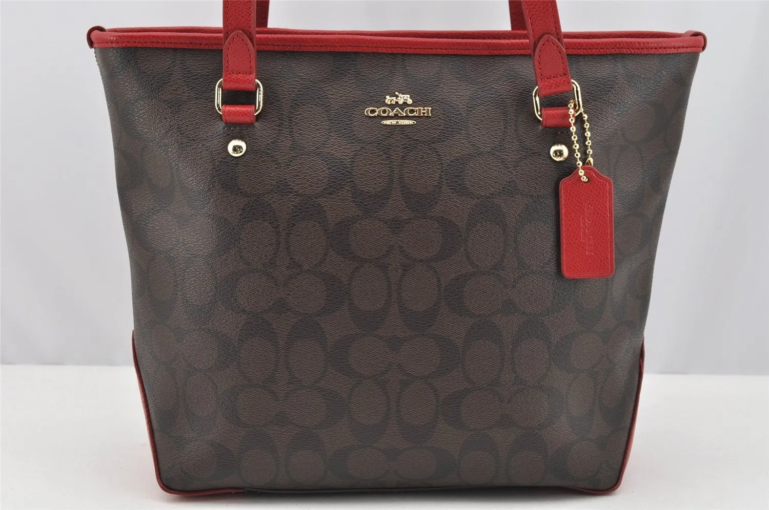 Authentic COACH Signature Vintage Shoulder Tote Bag PVC Leather Brown Red 2297I