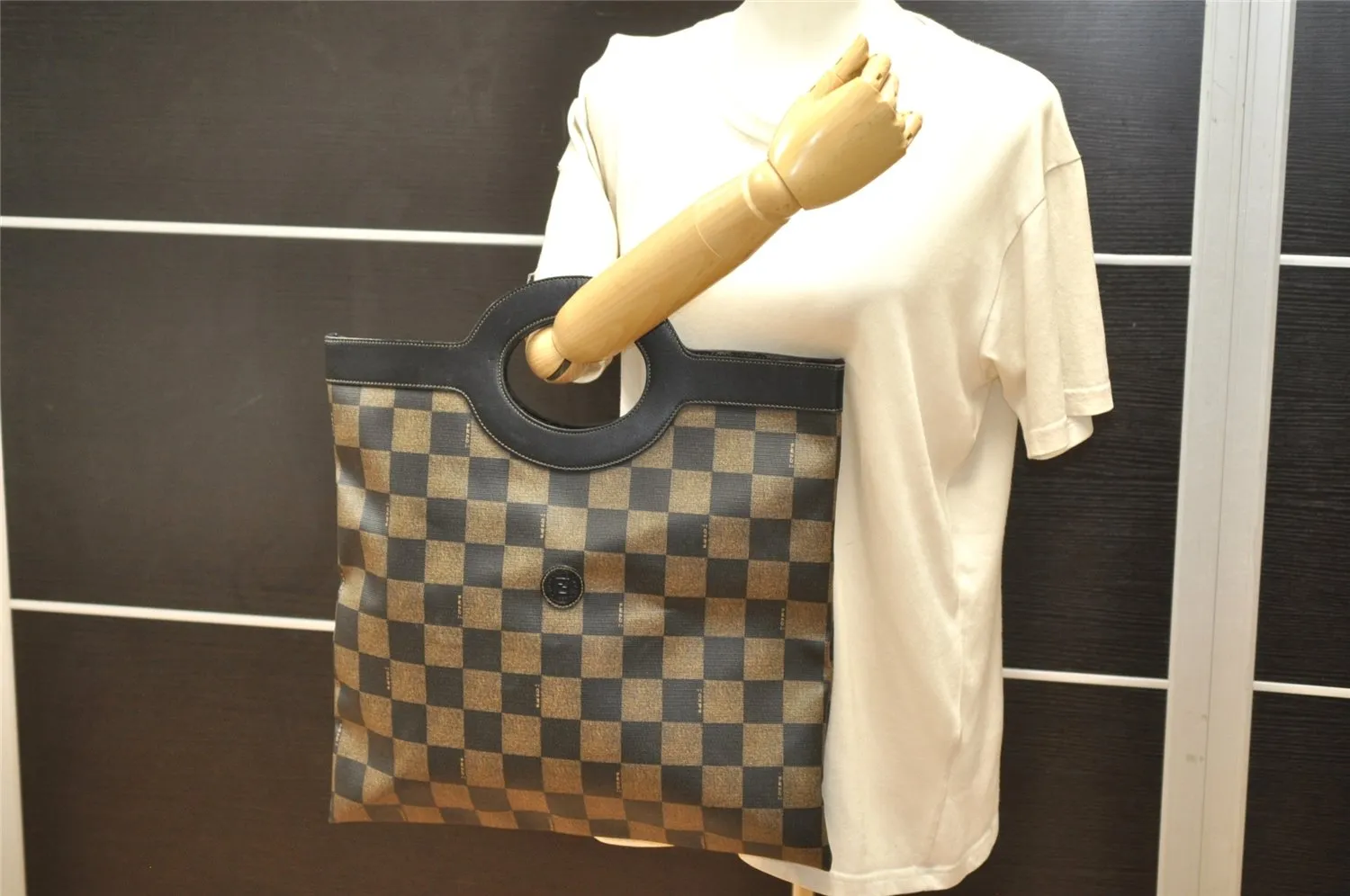 Authentic FENDI Vintage Pequin Check Hand Tote Bag PVC Leather Brown Black 7361K