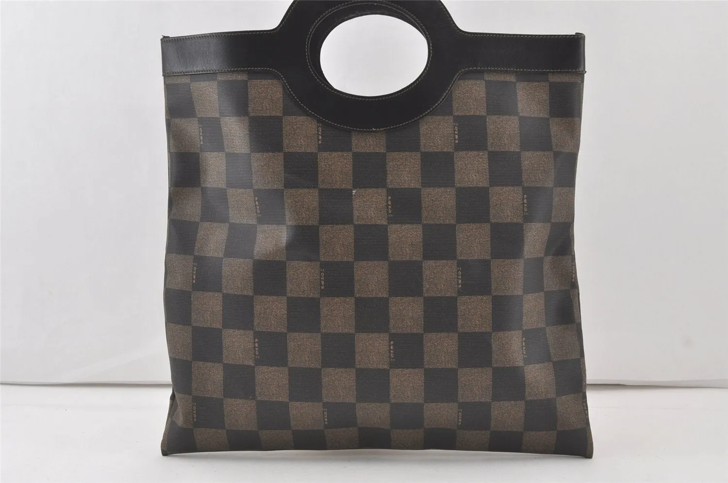Authentic FENDI Vintage Pequin Check Hand Tote Bag PVC Leather Brown Black 7361K