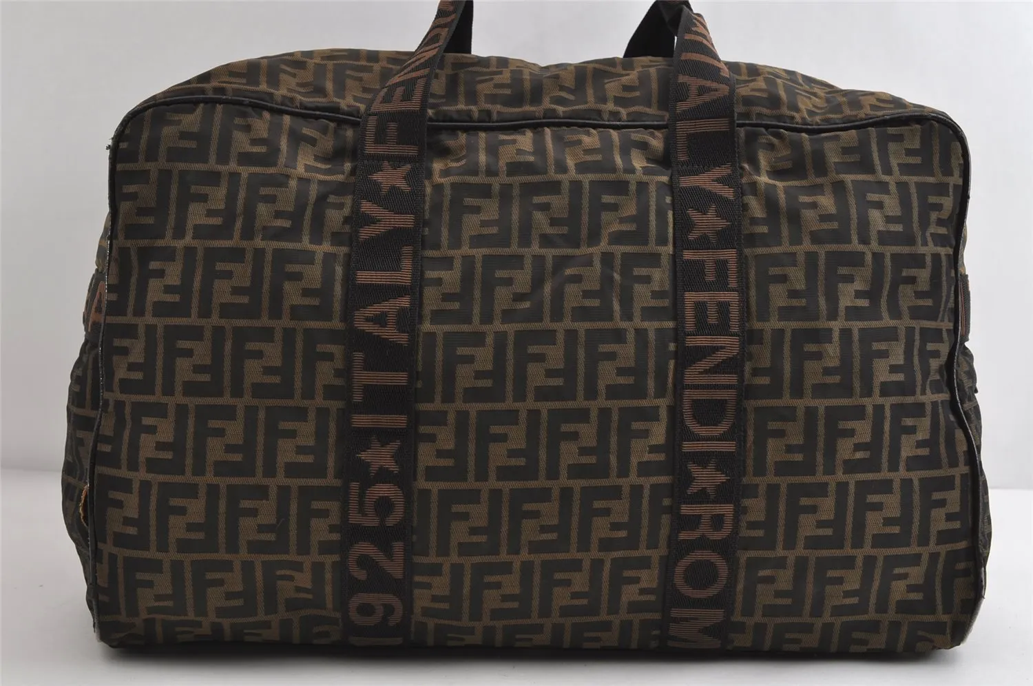 Authentic FENDI Vintage Zucca Travel Boston Bag Nylon Leather Brown Black 9363I