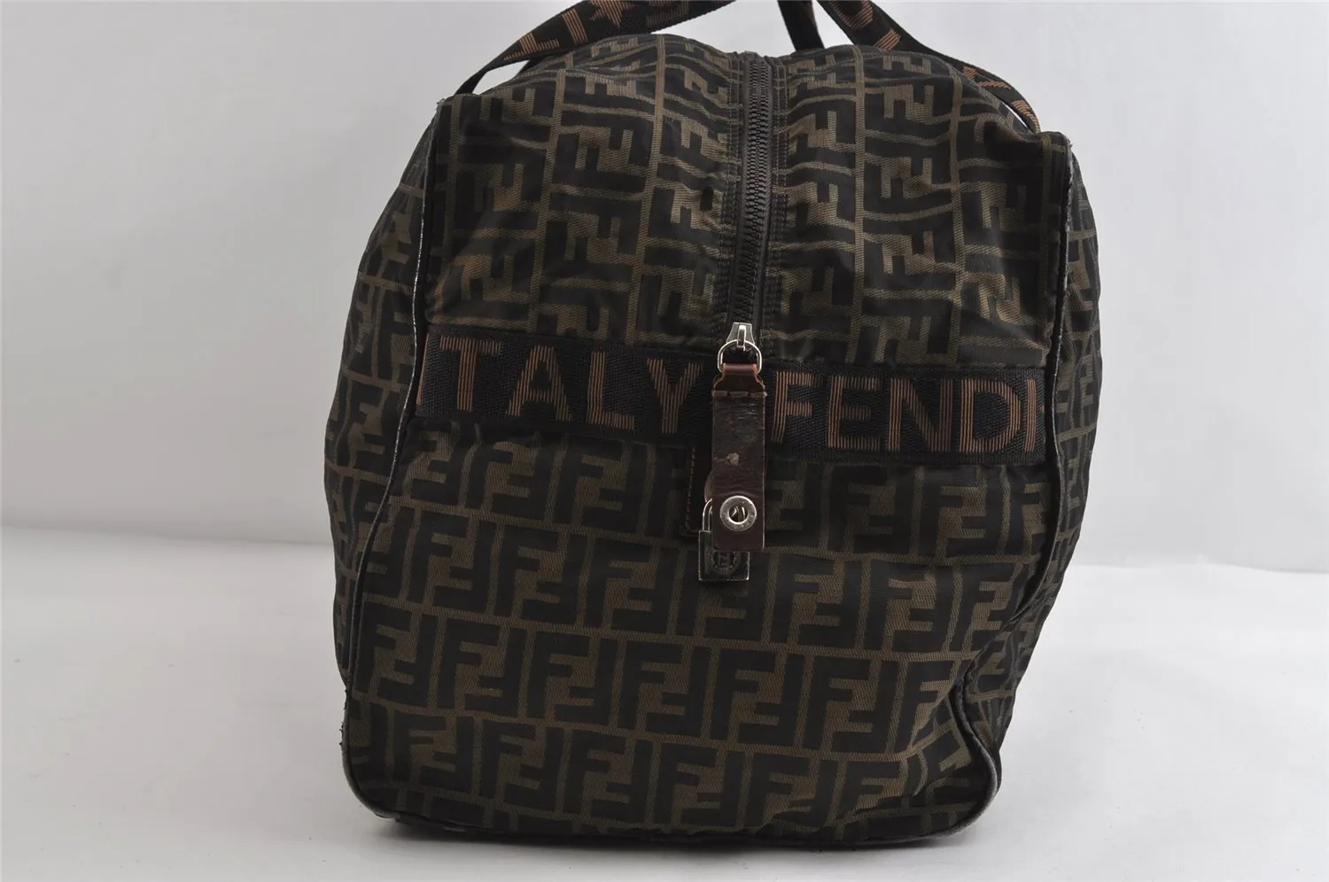 Authentic FENDI Vintage Zucca Travel Boston Bag Nylon Leather Brown Black 9363I