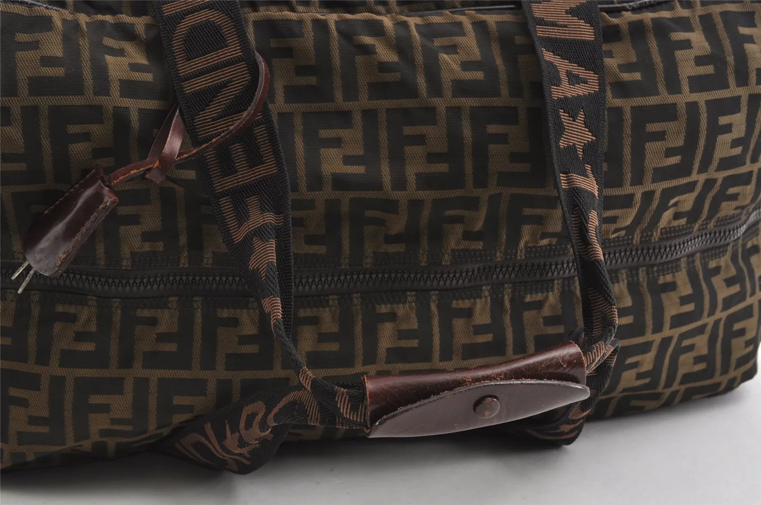 Authentic FENDI Vintage Zucca Travel Boston Bag Nylon Leather Brown Black 9363I