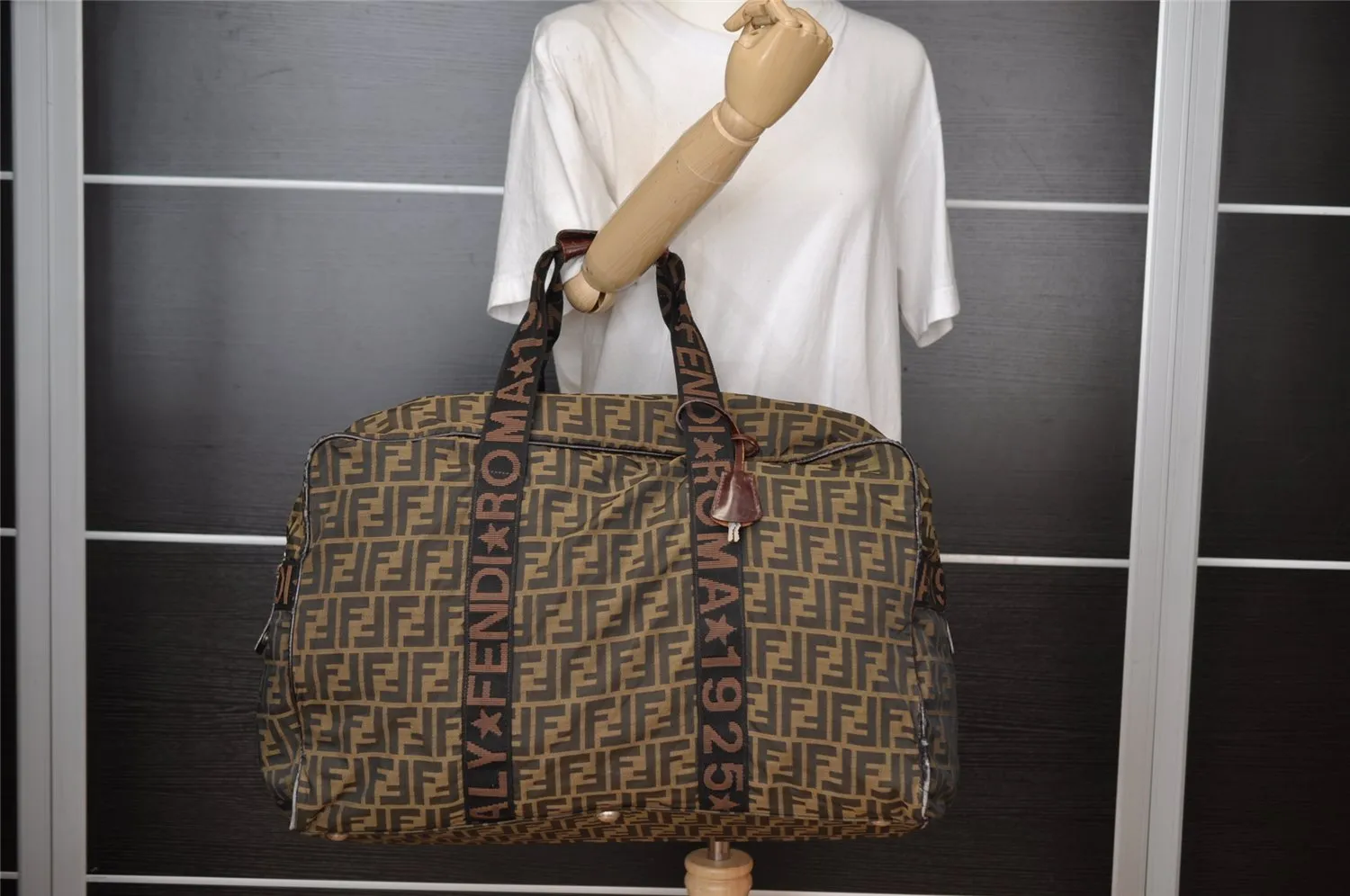 Authentic FENDI Vintage Zucca Travel Boston Bag Nylon Leather Brown Black 9363I