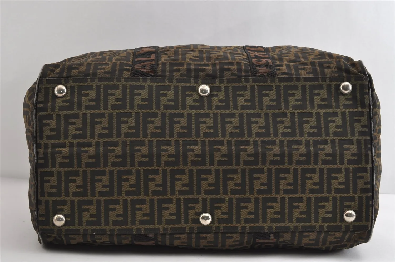 Authentic FENDI Vintage Zucca Travel Boston Bag Nylon Leather Brown Black 9363I