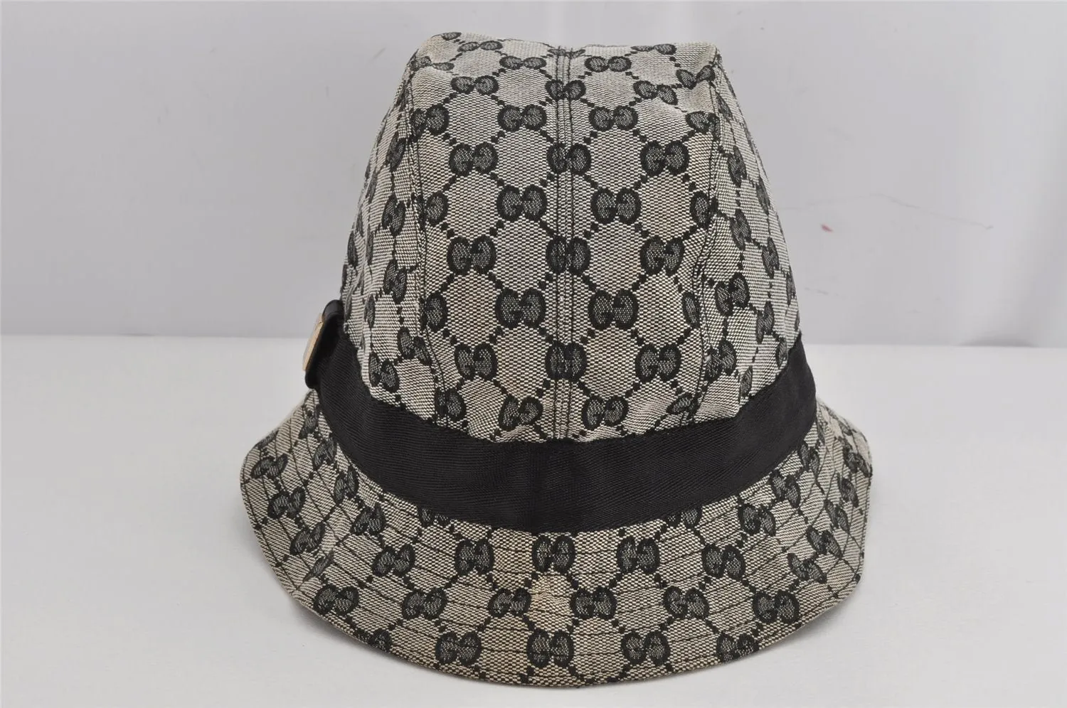 Authentic GUCCI Vintage Bucket Hat GG Canvas Leather Size L Black 0180K