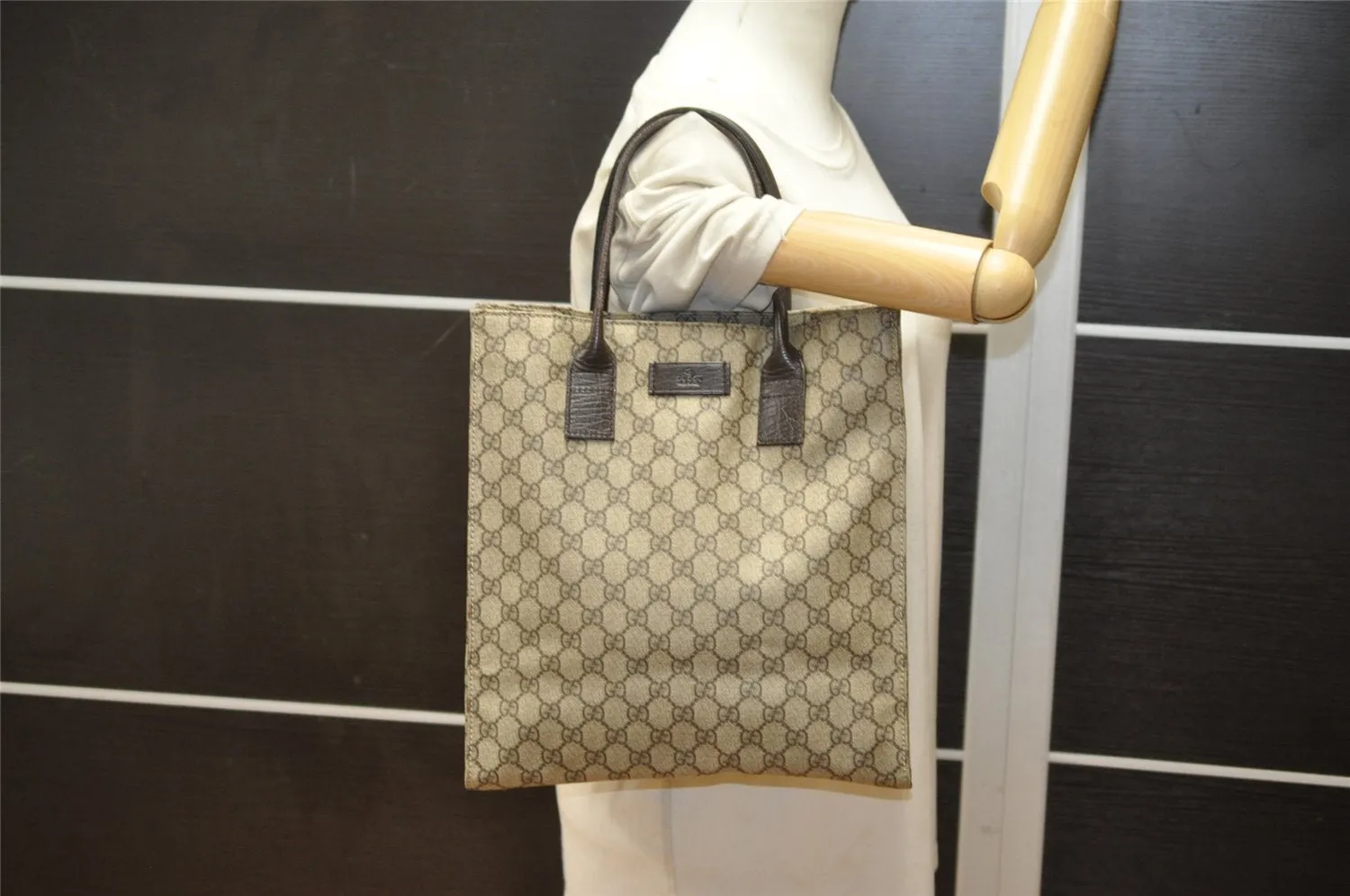 Authentic GUCCI Vintage Hand Tote Bag GG PVC Leather 91249 Brown 6548K