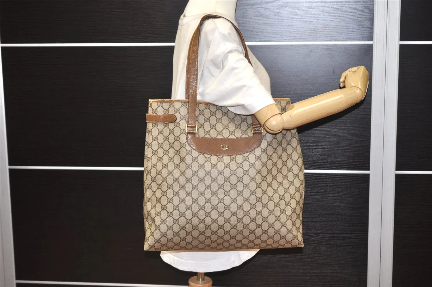 Authentic GUCCI Vintage Shoulder Tote Bag GG PVC Leather Brown 2334K