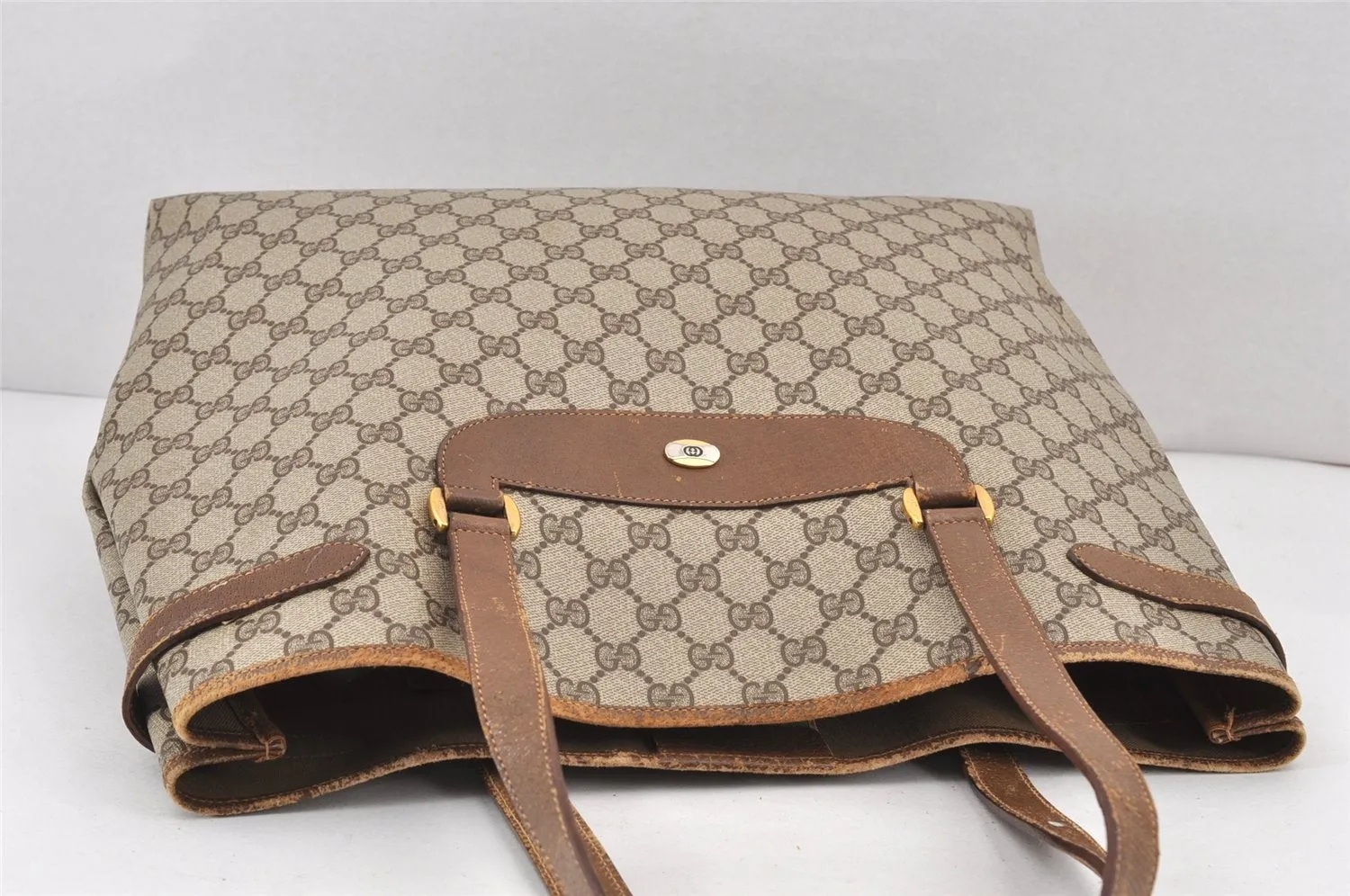 Authentic GUCCI Vintage Shoulder Tote Bag GG PVC Leather Brown 2334K
