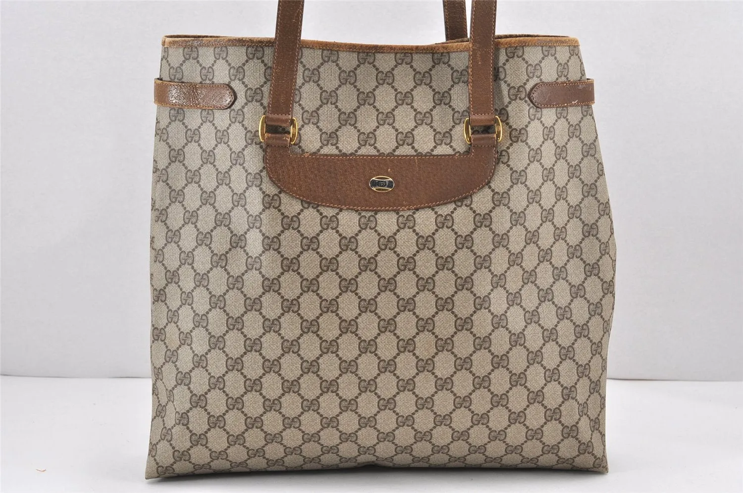 Authentic GUCCI Vintage Shoulder Tote Bag GG PVC Leather Brown 2334K