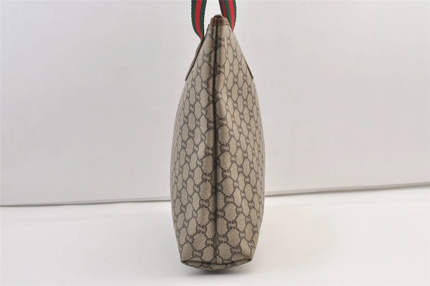 Authentic GUCCI Web Sherry Line GG Plus PVC Leather Tote Bag Brown 9349J