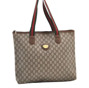 Authentic GUCCI Web Sherry Line GG Plus PVC Leather Tote Bag Brown 9349J