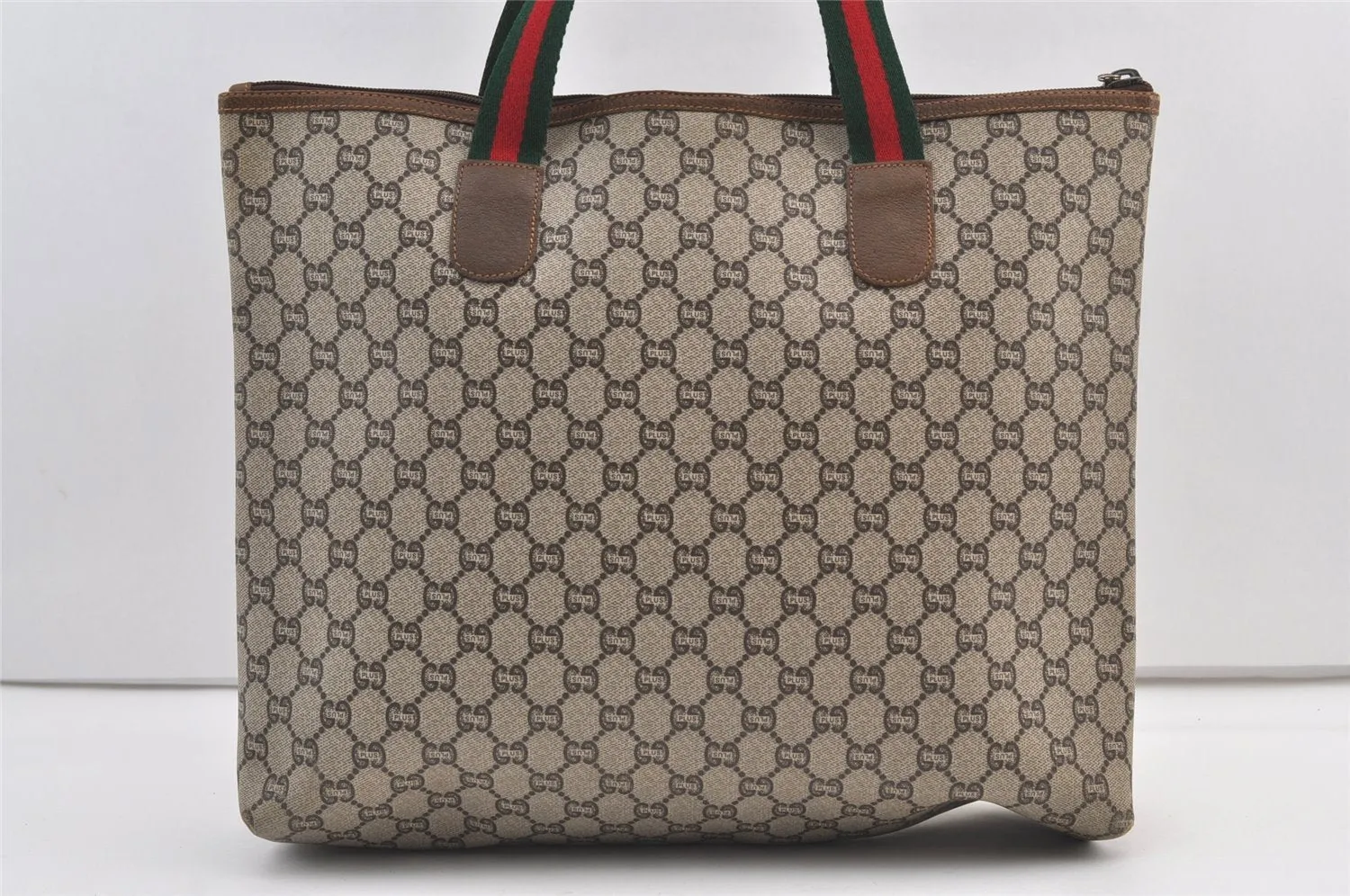 Authentic GUCCI Web Sherry Line GG Plus PVC Leather Tote Bag Brown 9349J