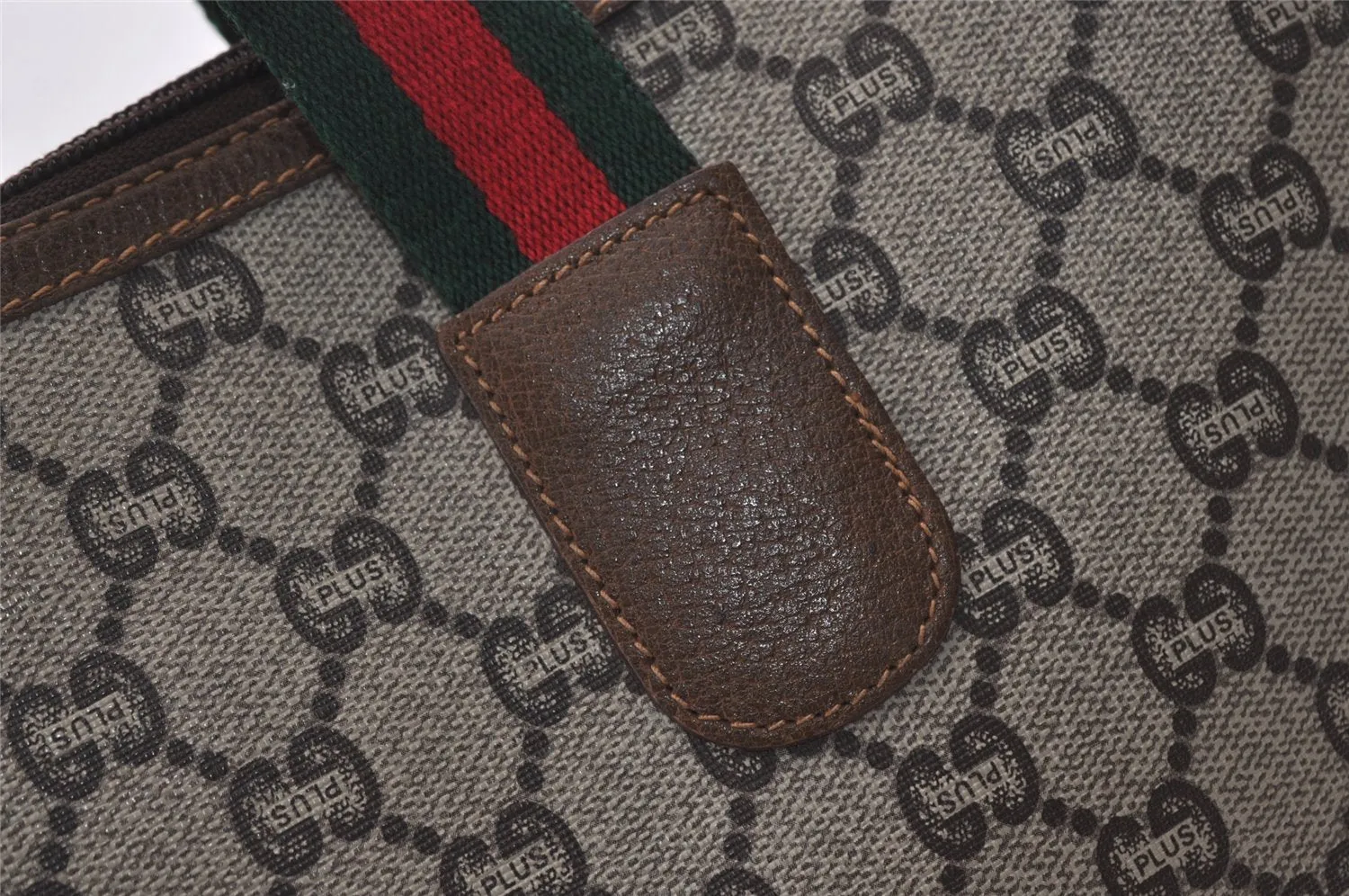Authentic GUCCI Web Sherry Line GG Plus PVC Leather Tote Bag Brown 9349J