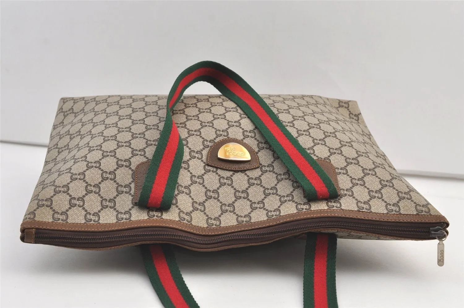 Authentic GUCCI Web Sherry Line GG Plus PVC Leather Tote Bag Brown 9349J