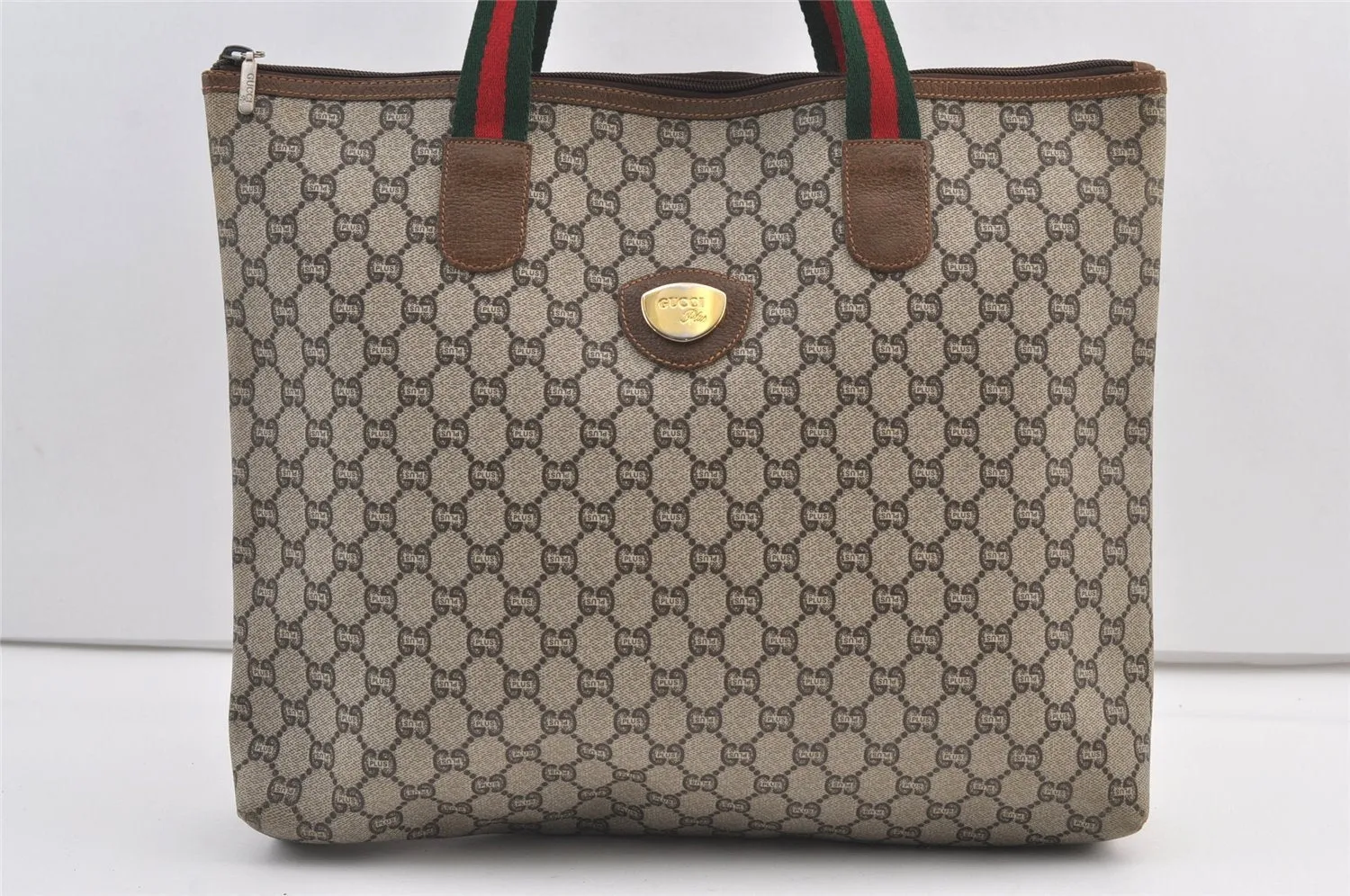 Authentic GUCCI Web Sherry Line GG Plus PVC Leather Tote Bag Brown 9349J