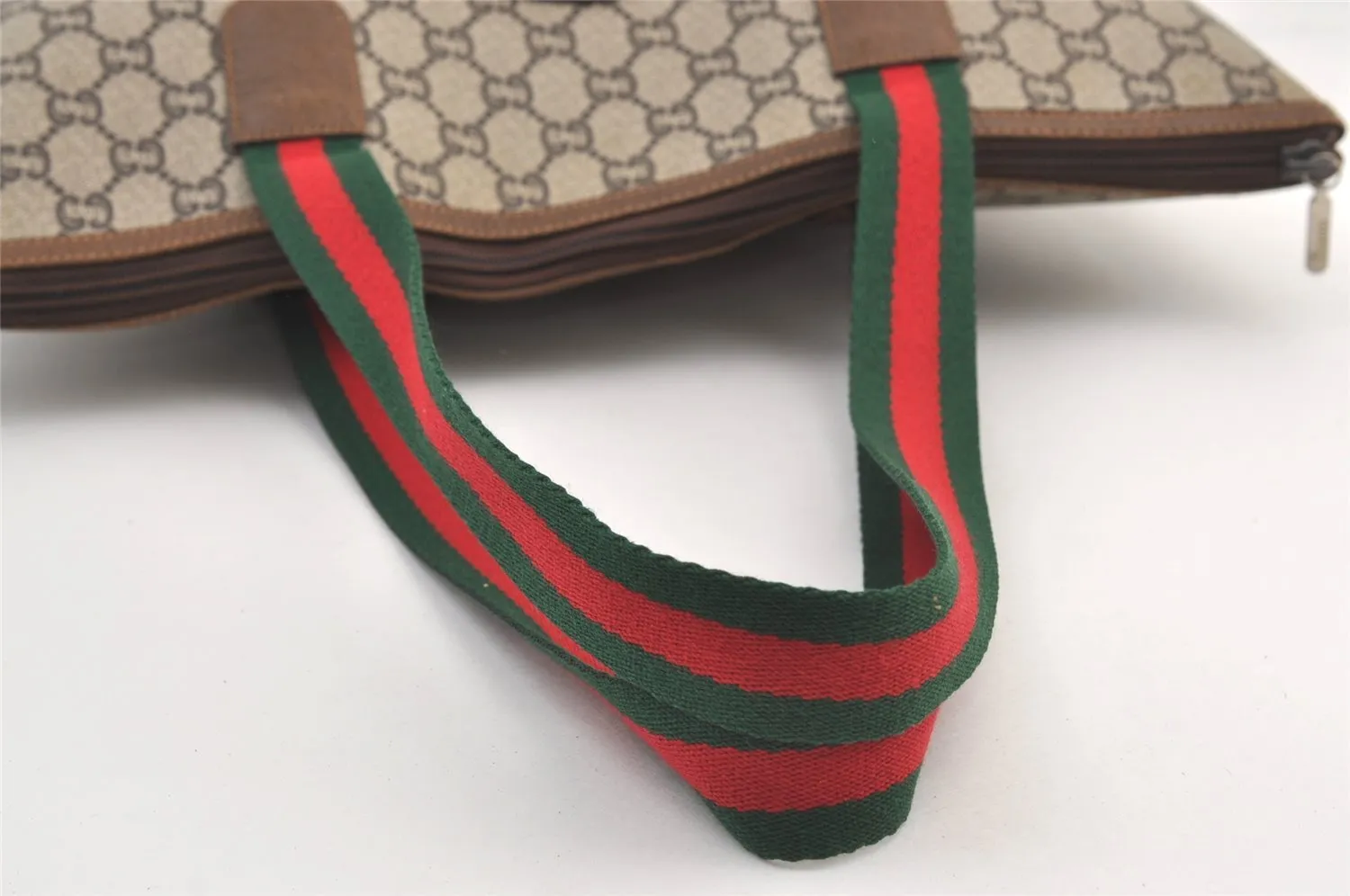 Authentic GUCCI Web Sherry Line GG Plus PVC Leather Tote Bag Brown 9349J