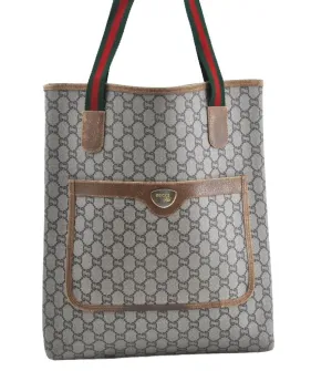 Authentic GUCCI Web Sherry Line GG Plus Tote Bag PVC Leather Brown K4173