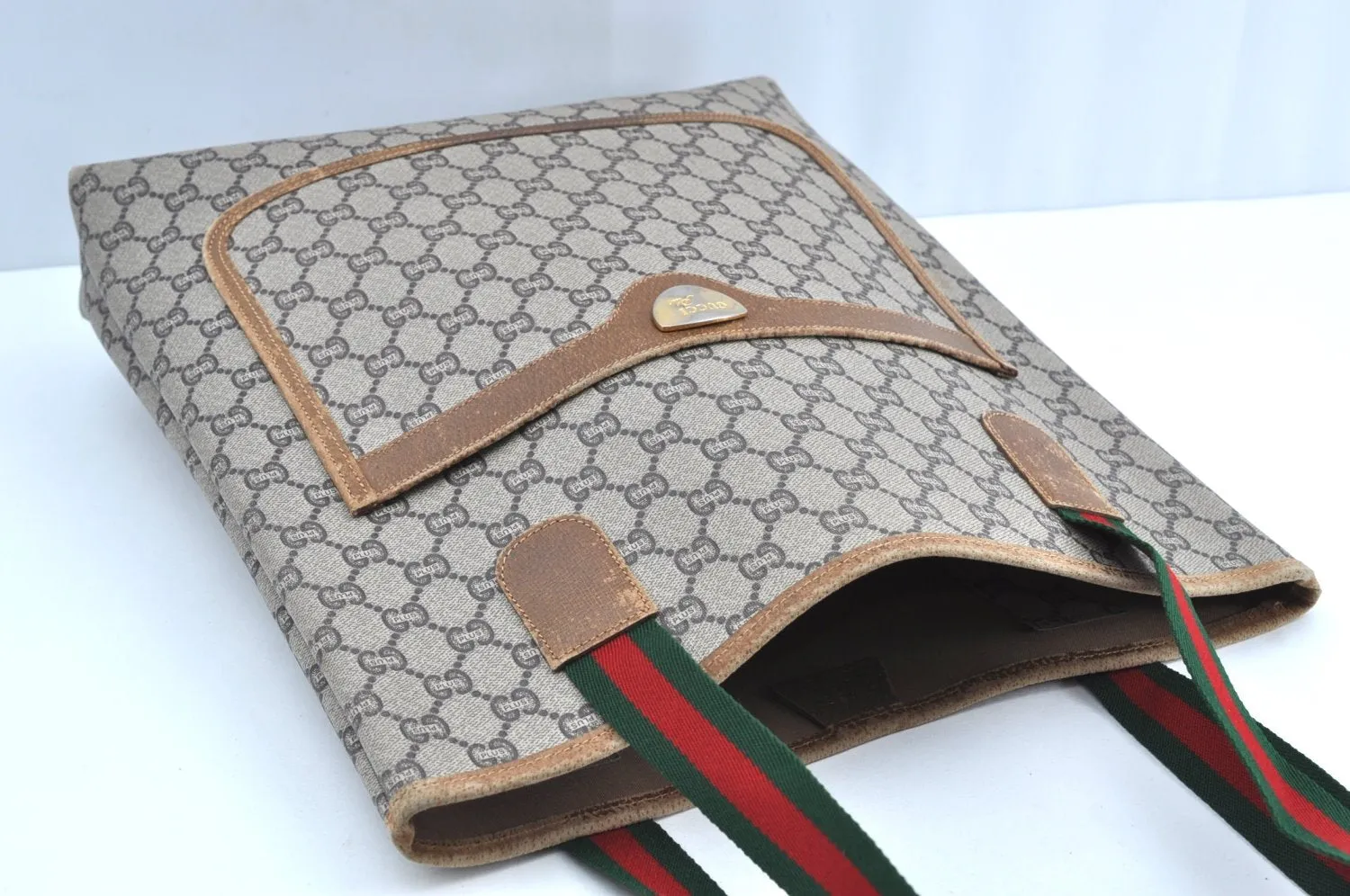 Authentic GUCCI Web Sherry Line GG Plus Tote Bag PVC Leather Brown K4173