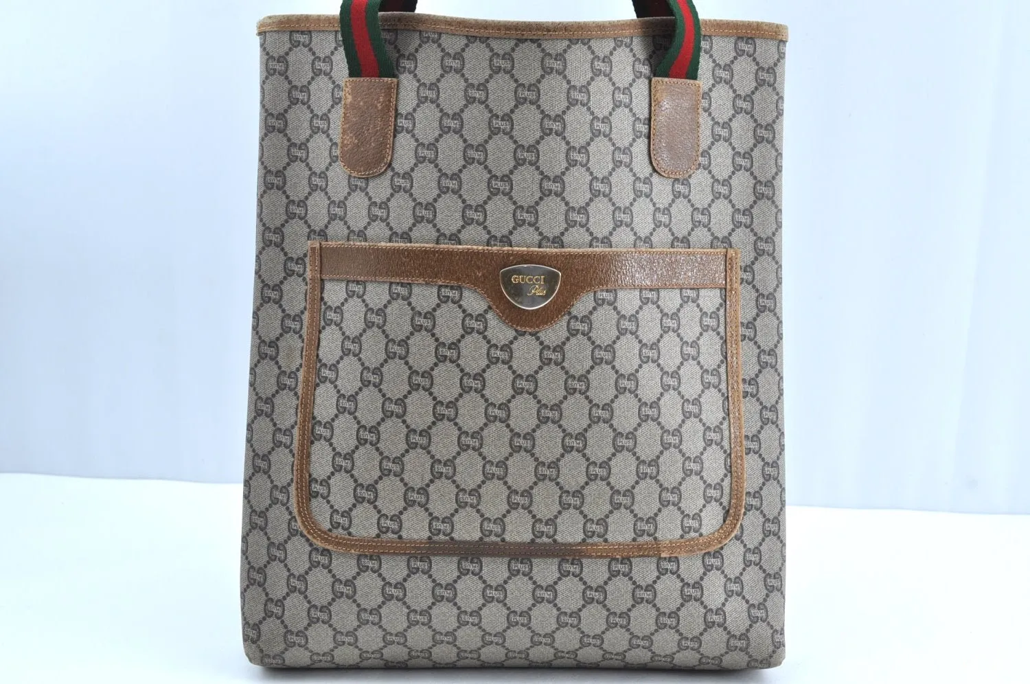 Authentic GUCCI Web Sherry Line GG Plus Tote Bag PVC Leather Brown K4173