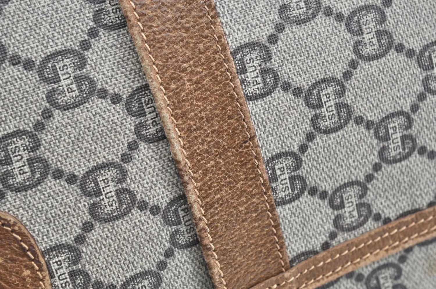 Authentic GUCCI Web Sherry Line GG Plus Tote Bag PVC Leather Brown K4173