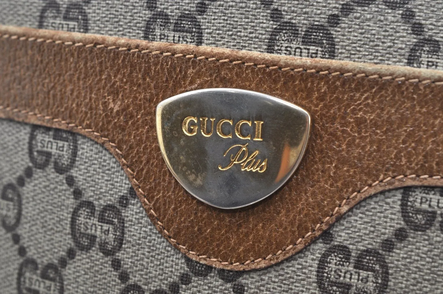 Authentic GUCCI Web Sherry Line GG Plus Tote Bag PVC Leather Brown K4173