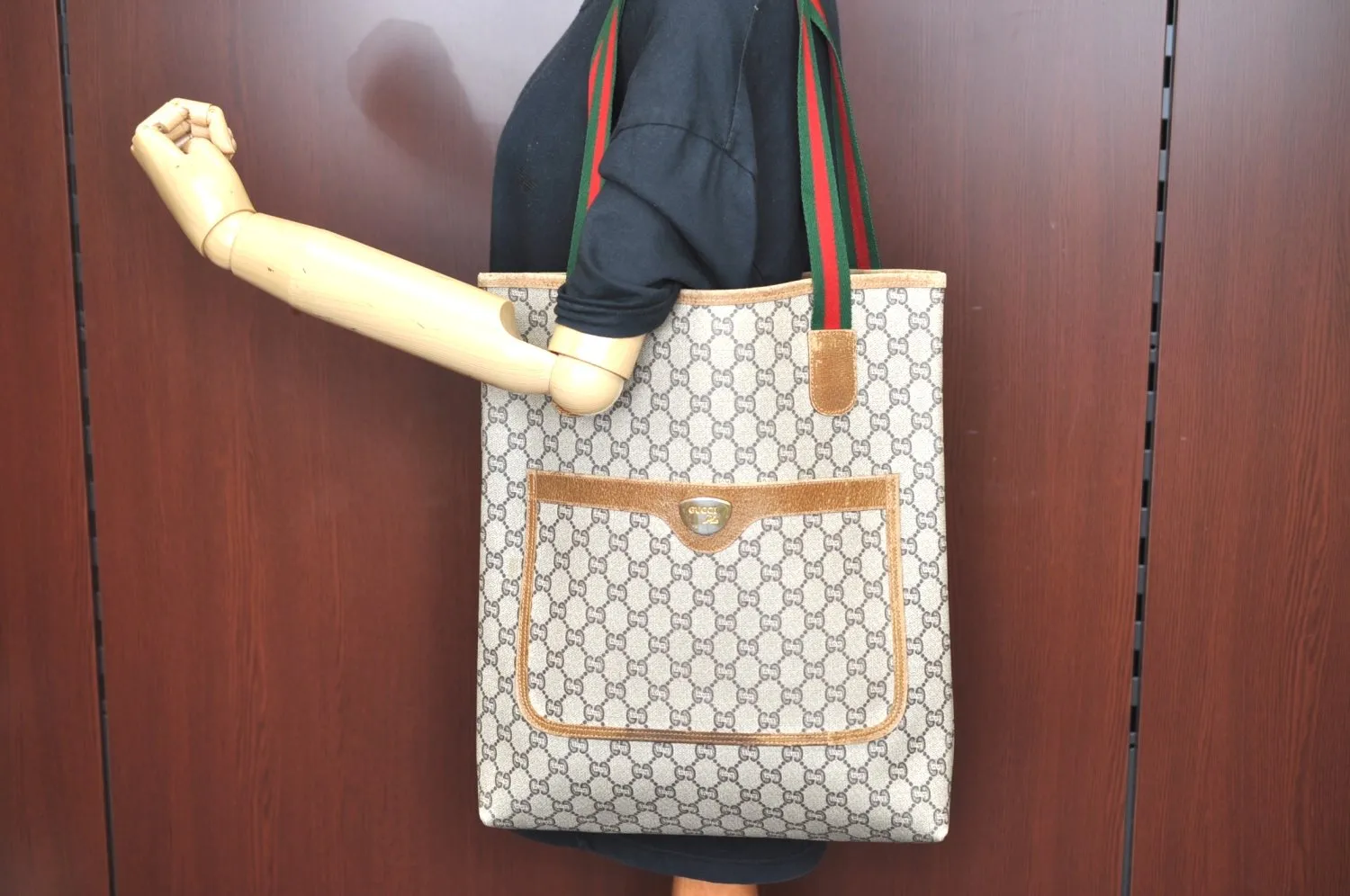Authentic GUCCI Web Sherry Line GG Plus Tote Bag PVC Leather Brown K4173