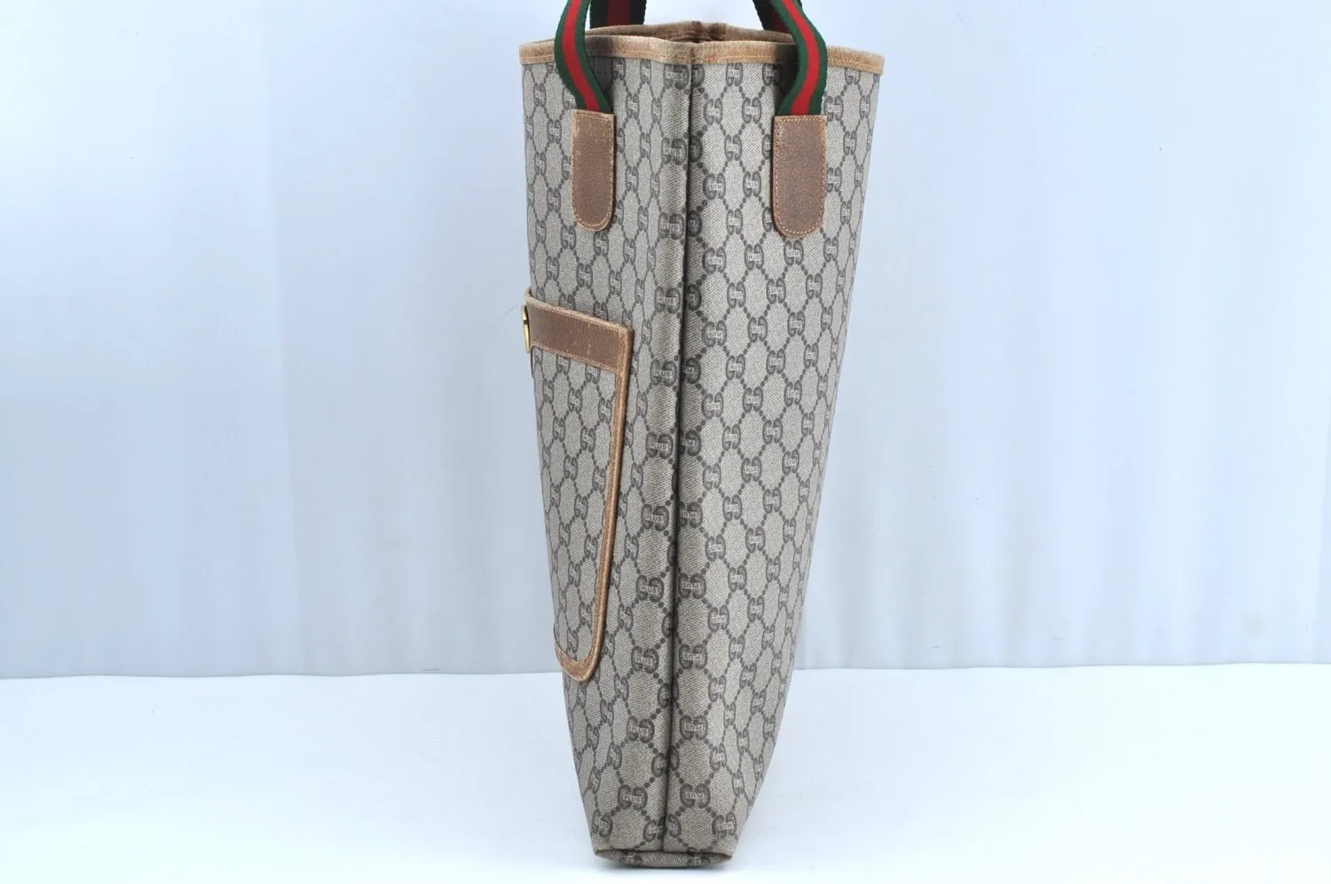 Authentic GUCCI Web Sherry Line GG Plus Tote Bag PVC Leather Brown K4173