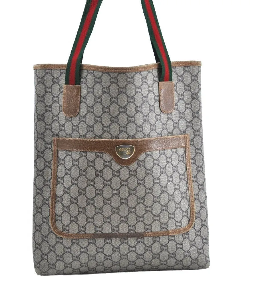 Authentic GUCCI Web Sherry Line GG Plus Tote Bag PVC Leather Brown K4173