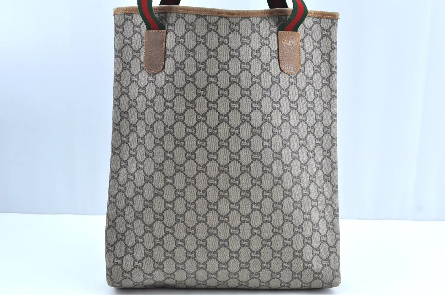 Authentic GUCCI Web Sherry Line GG Plus Tote Bag PVC Leather Brown K4173