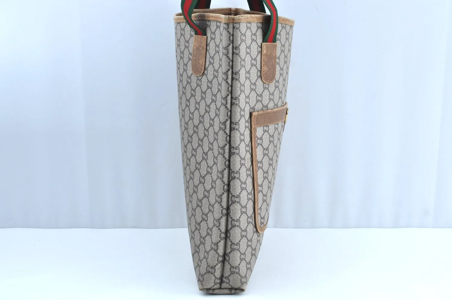 Authentic GUCCI Web Sherry Line GG Plus Tote Bag PVC Leather Brown K4173