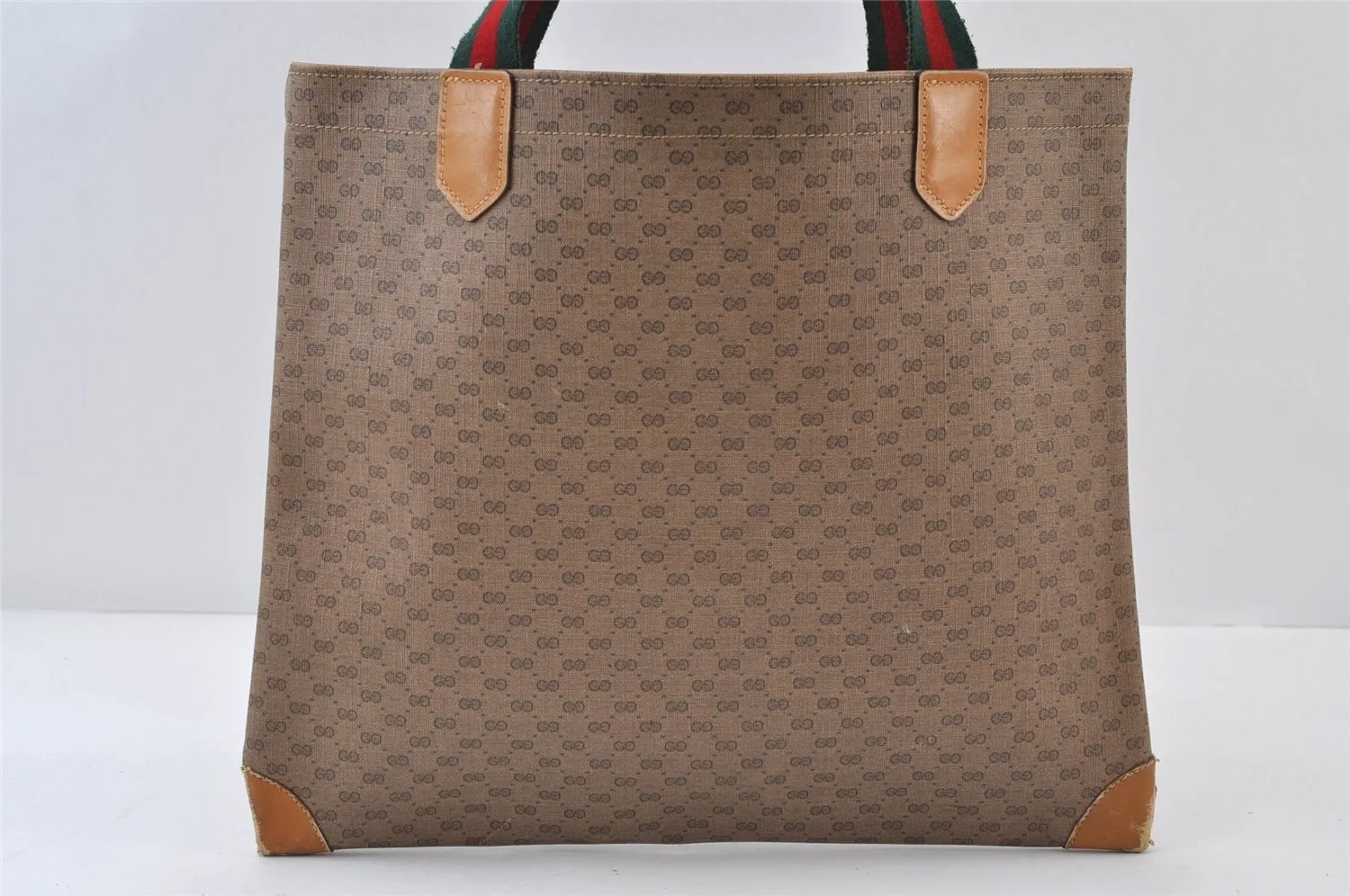 Authentic GUCCI Web Sherry Line Micro GG Tote Bag PVC Leather Brown 0333J